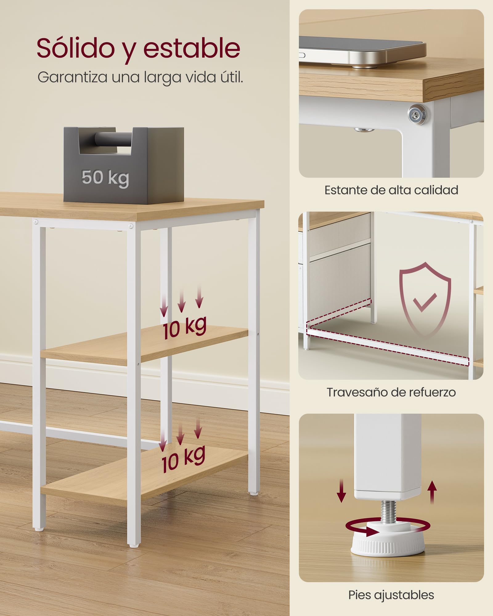 VASAGLE Mesa de Ordenador, Mesa de Oficina, con 3 Estantes, 2 Cajones, 160 x 60 x 76 cm, para Oficina, Salón, Estilo Moderno, Roble Natural y Blanco Nube LWD105YD01