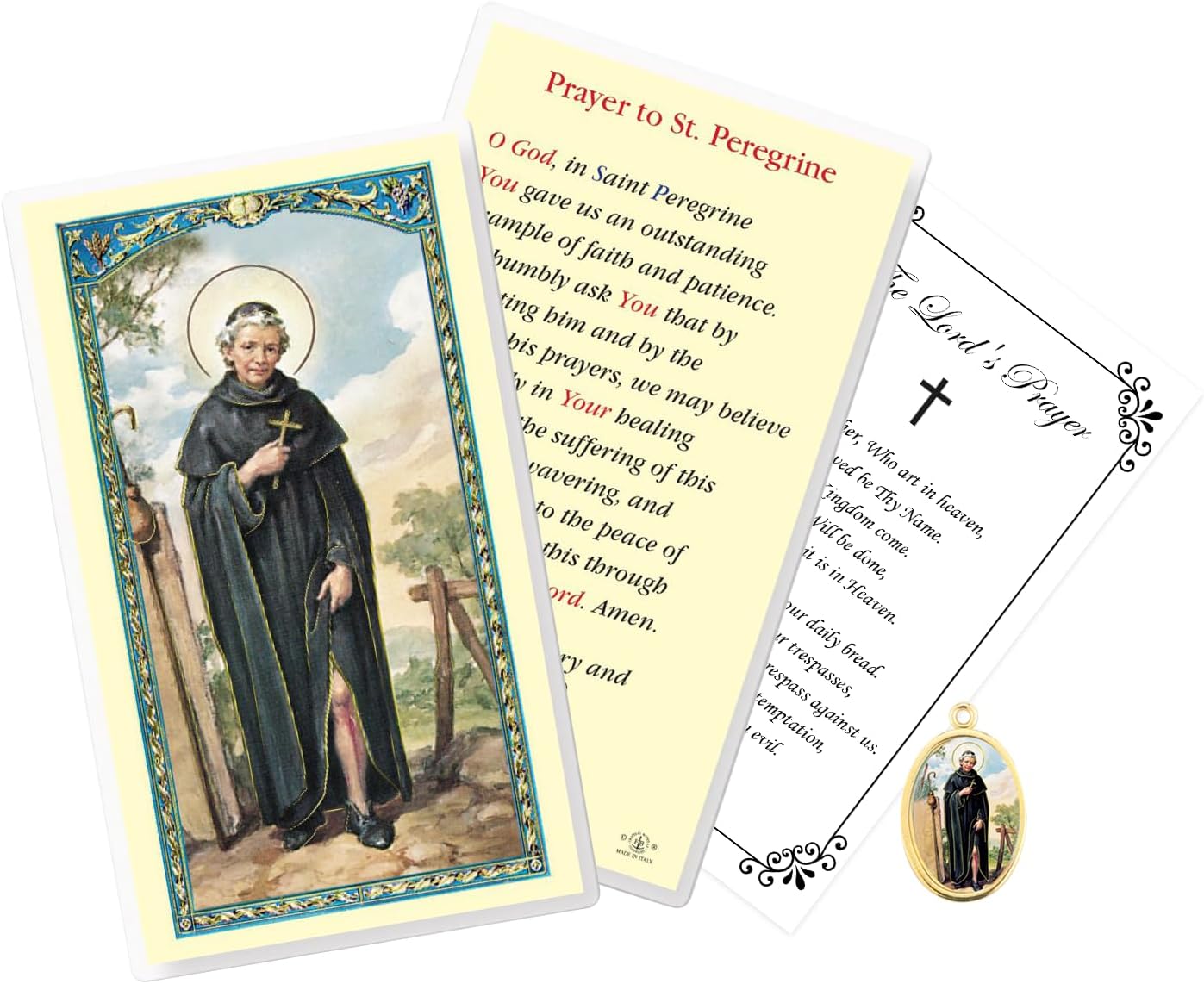 Trendzeen St. Peregrine Medal - 1 Inch St Peregrine Medal with Gold Finish, Laminated St Peregrine Prayer Card, Our Father Prayer Card - St Peregrine Patron Saint of Cancer Set, 3 Items