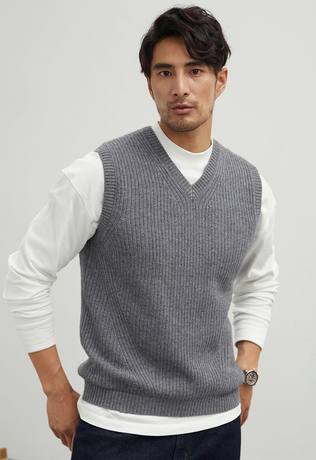Maglia a V-Collo lavorato a Maglia da Uomo Plain Senza Maniche Pullover Knitwear Loose Fit All Match Tops