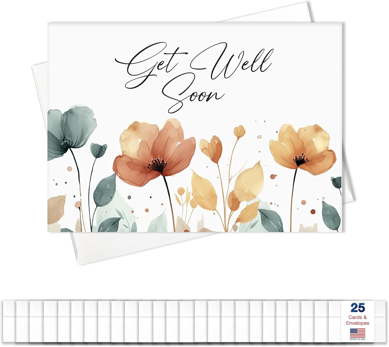 Get Well Soon Cards with Envelopes for Business & Family (Flowers) Bulk 25 Pack of Thoughtfully Designed Recovery Cards with Envelopes (5x7 inch - A7) Office, Work, Employees & Clients (GW2402)