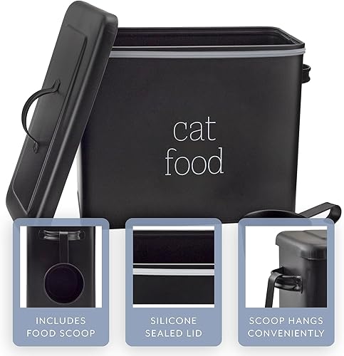 Vista 3 de AuldHome Farmhouse - Contenedor de comida para gatos (negro); contenedor rústico de comida para gatos con aspecto esmaltado con cuchara