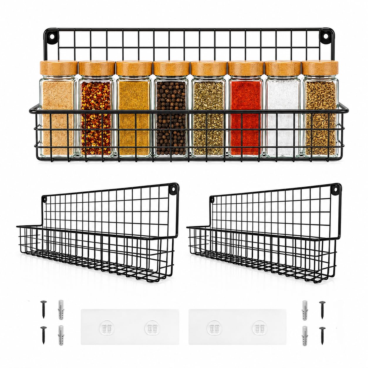 Kempt Spice Rack (2-Piece Set) for Wall Mounting for Kitchen Cabinets, Wall-Mounted Kitchen Shelf, Drill-Free Metal Shelf, Self-Adhesive Refrigerator Shelf, Space-Saving Cabinet Organization