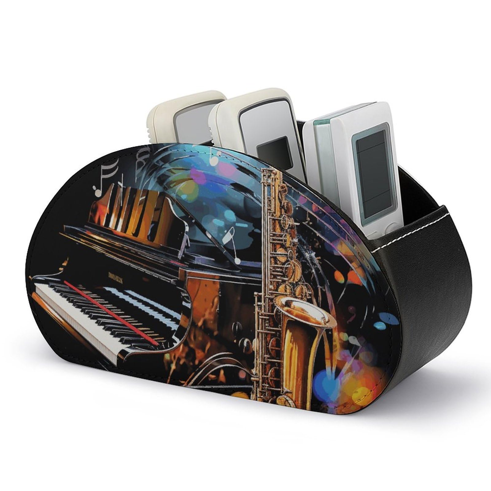 DWVTSLH Saxophone And Piano Remote Control Holder with 5 Compartments - PU Leather TV Remote Holder Remote Caddy Desktop Organizer Makeup Brush Holder, Remote Storage Box for Home Office