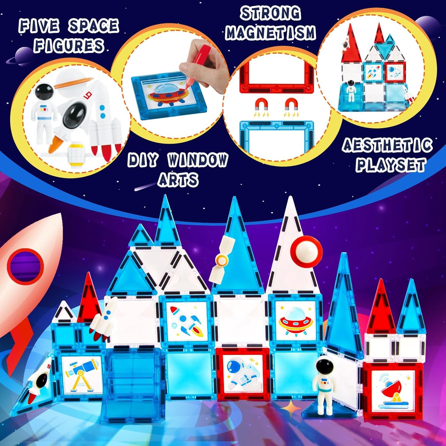 Juego de 58 azulejos magnéticos, bloques de construcción magnéticos, bloques de construcción con imágenes para ventanas y colores de gel, azulejos magnéticos 3D STEM juguetes educativos para