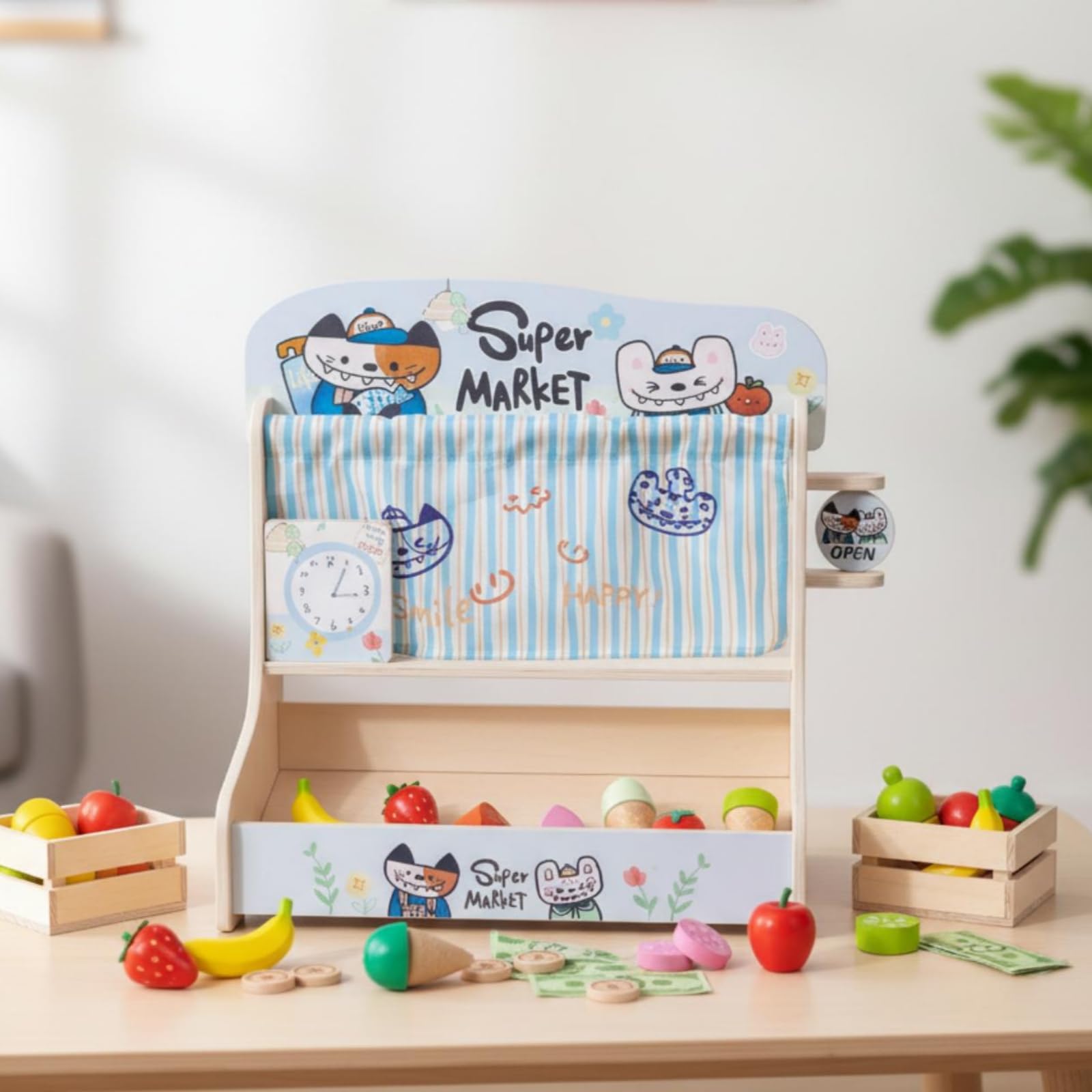 Juguete de Cocina para Niños Juego de Comida de Madera Alimentos Falsos de Madera Caja con Asas Cuchillo Infantil Piezas para Servir Estilo Dibujos