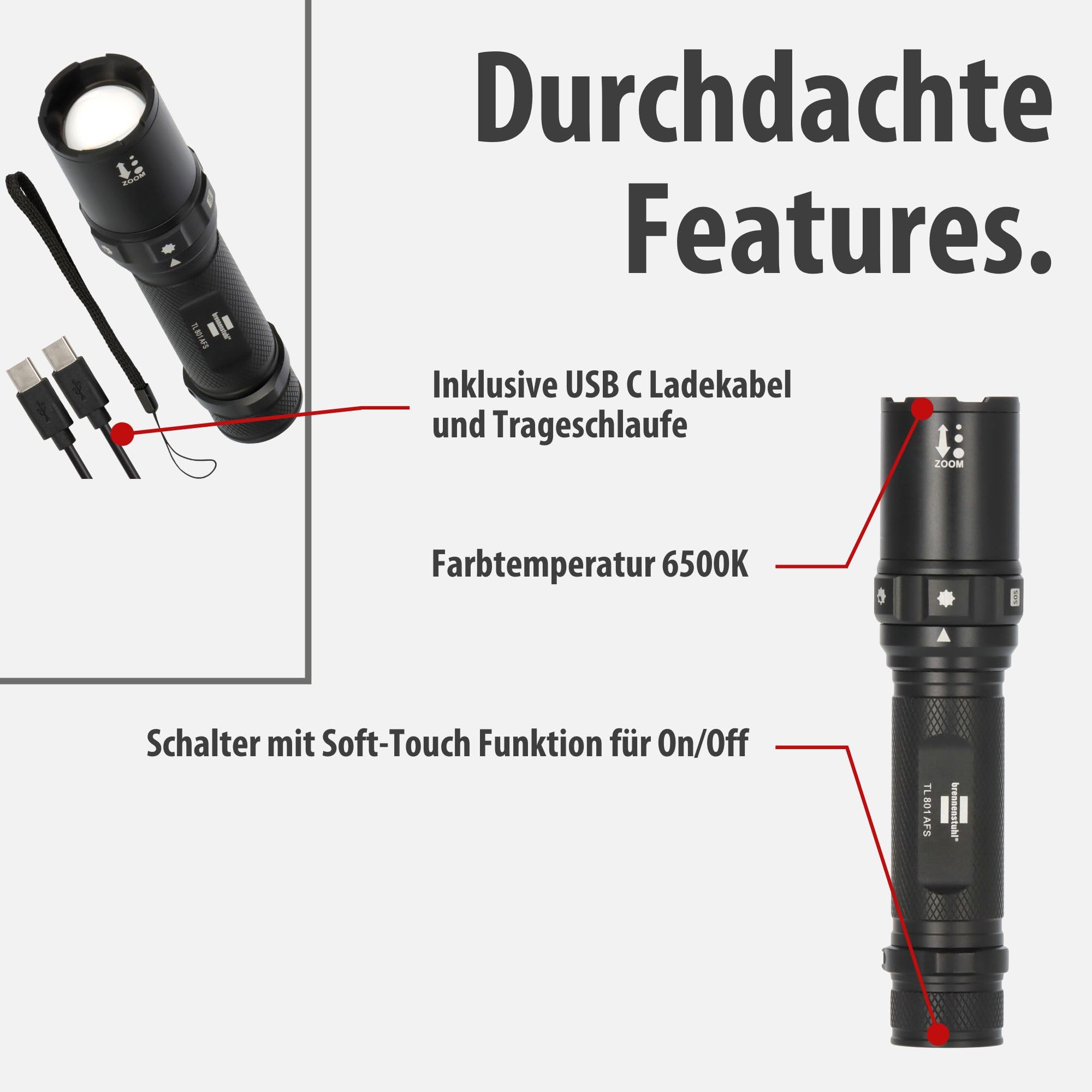 Brennenstuhl Akku Fokus Selektor LED Taschenlampe TL 801 AFS IP44, 800lm