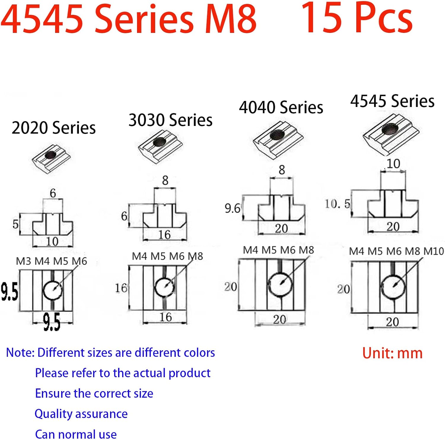 15Pcs 4545 Series T Sliding Nuts Hammer Nut Block Square Nuts M8 T Nuts for 4545 Aluminum Extrusion Profiles T Slot 10mm，for CNC Router Build Rail 3D Printer (m8)
