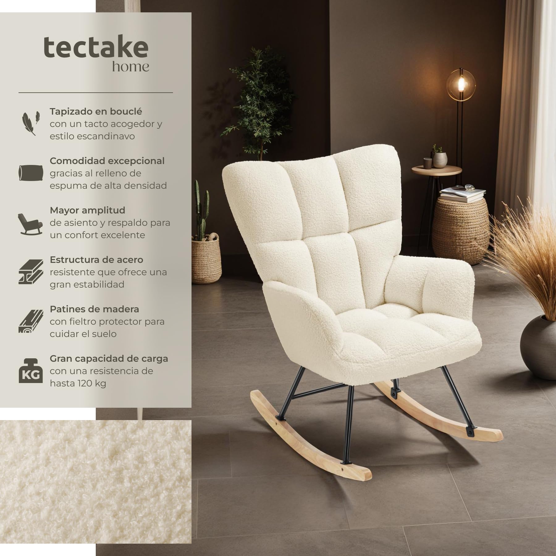 tectake® Mecedora Tapizada, Silla Mecedora, Butaca de Salón con Estructura en Acero y Patines de Madera, Silla Lectura, Sillón Lactancia, Sillón Nórdico Dormitorio, Butaca Relax - Beige