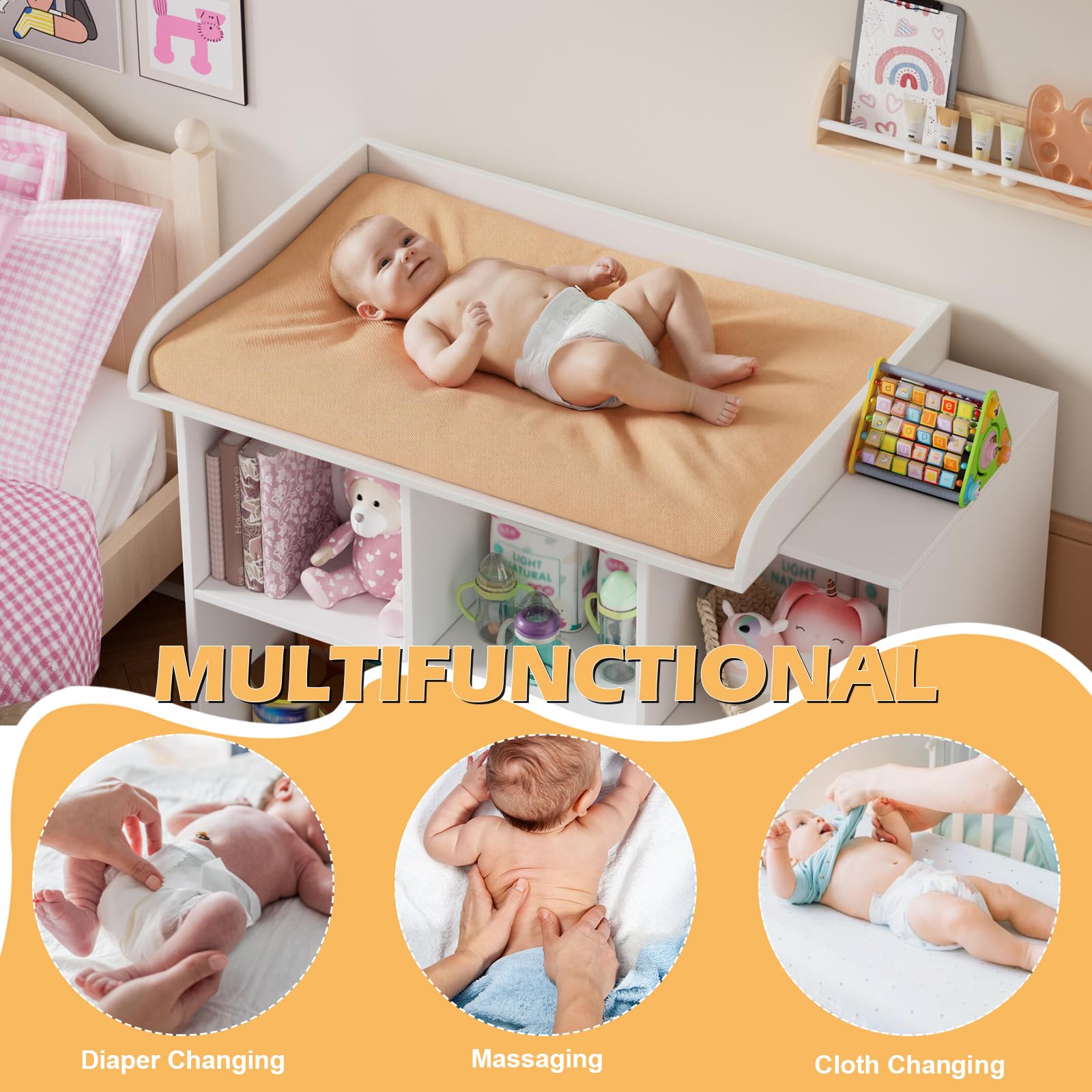 MSFE Cambiador bebe 2 en 1 Mueble Cambiador Bebe, Cómoda con Desmontable Comoda Cambiador, 2 Cajones y 3 Compartimentos, Cajonera de 94.7x40x81.2cm, Blanco