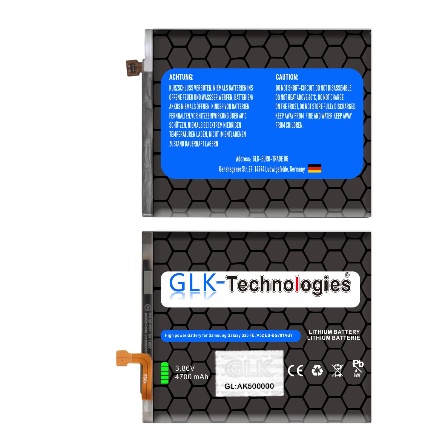 High Power Ersatzakku kompatibel mit Samsung Galaxy S20 FE (G780F) Galaxy S20 FE 5G (G781B) | GLK-Technologies Battery | accu | 4700mAh Akku | inkl. 2X Klebebandsätze 2026 BJ