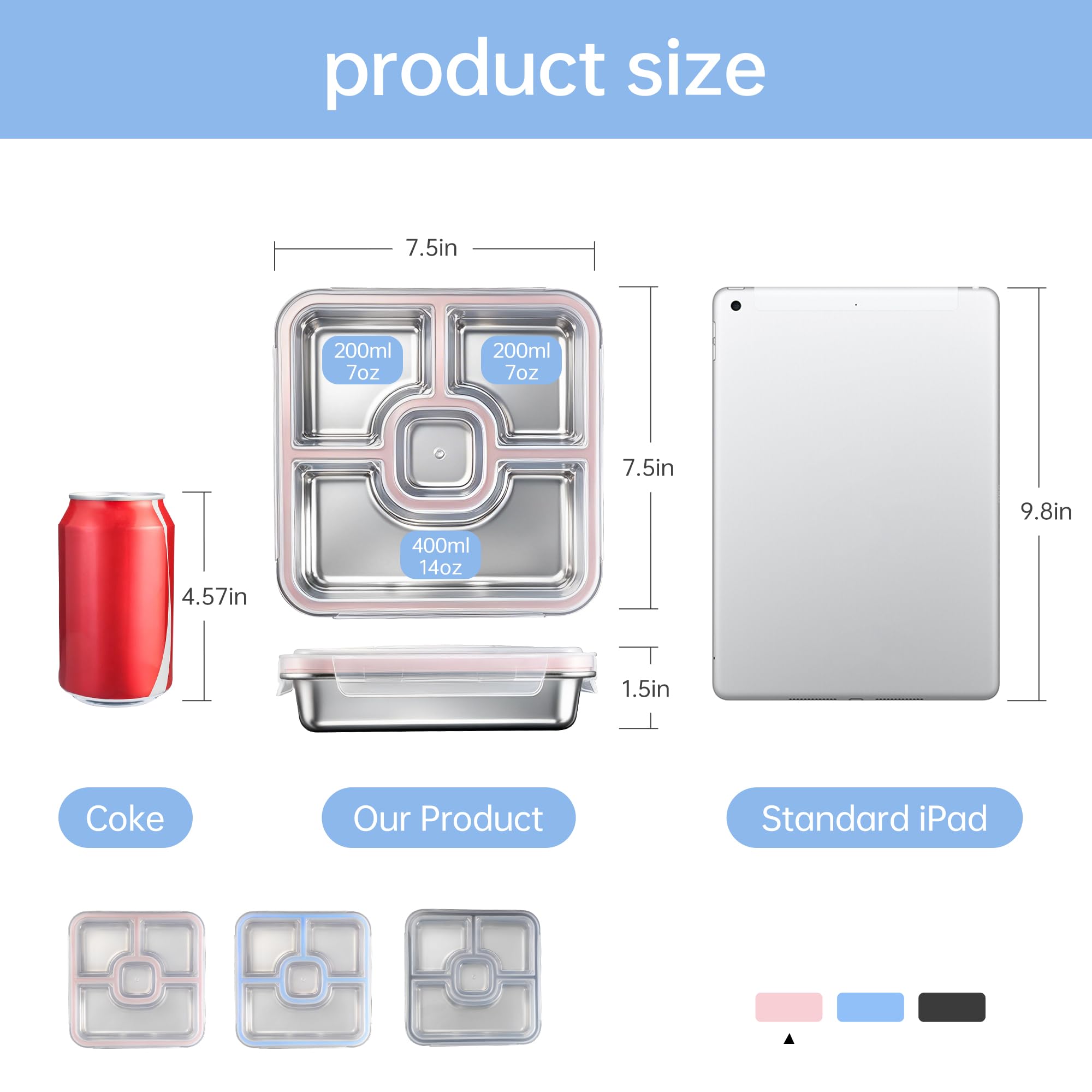 Misichao Boîte à déjeuner en acier inoxydable avec 4 compartiments – Boîte à bento en métal de 800 ml pour adultes et enfants – Boîtes réutilisables pour la préparation des repas, passent au