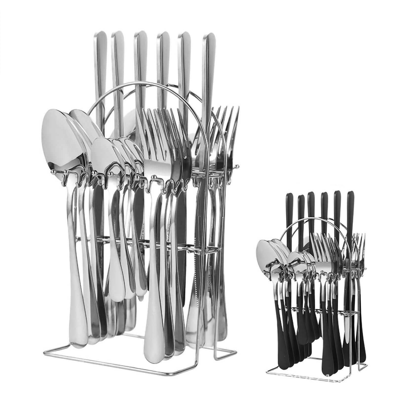 HERCHR Mixed Cutlery Sets with Holder Stainless Steel Flatware for 6 Tableware 24Pcs Silverware Set with Spoon Knife and Fork,Stand Utensil Sets for Home Kitchen Restaurant,Dishwasher Safe