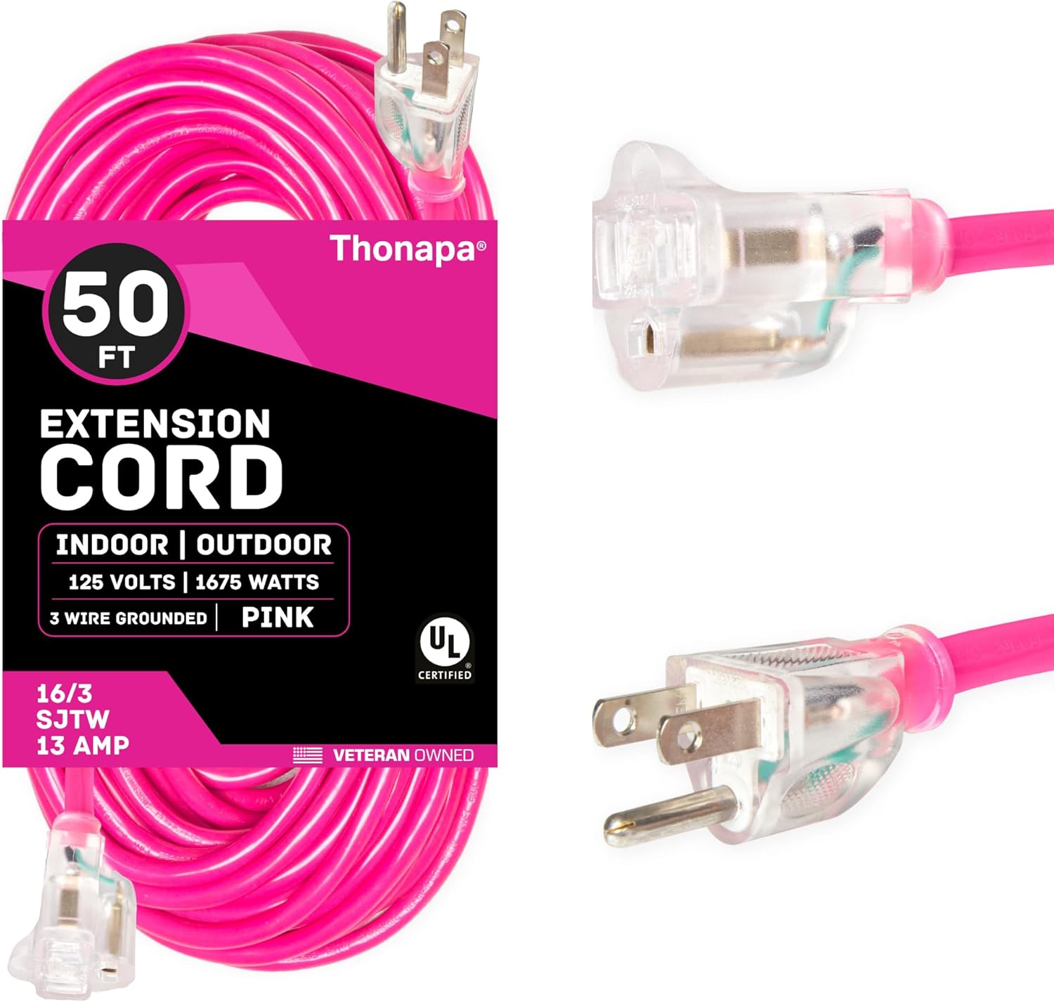 50 Ft Outdoor Extension Cord with 3 Prong, 16/3 SJTW Neon Pink Extension Cord 50ft, 13 AMP for Indoor or Outdoor Use, Small Appliances, Gardens, Lawn, Lights Decor - UL Listed