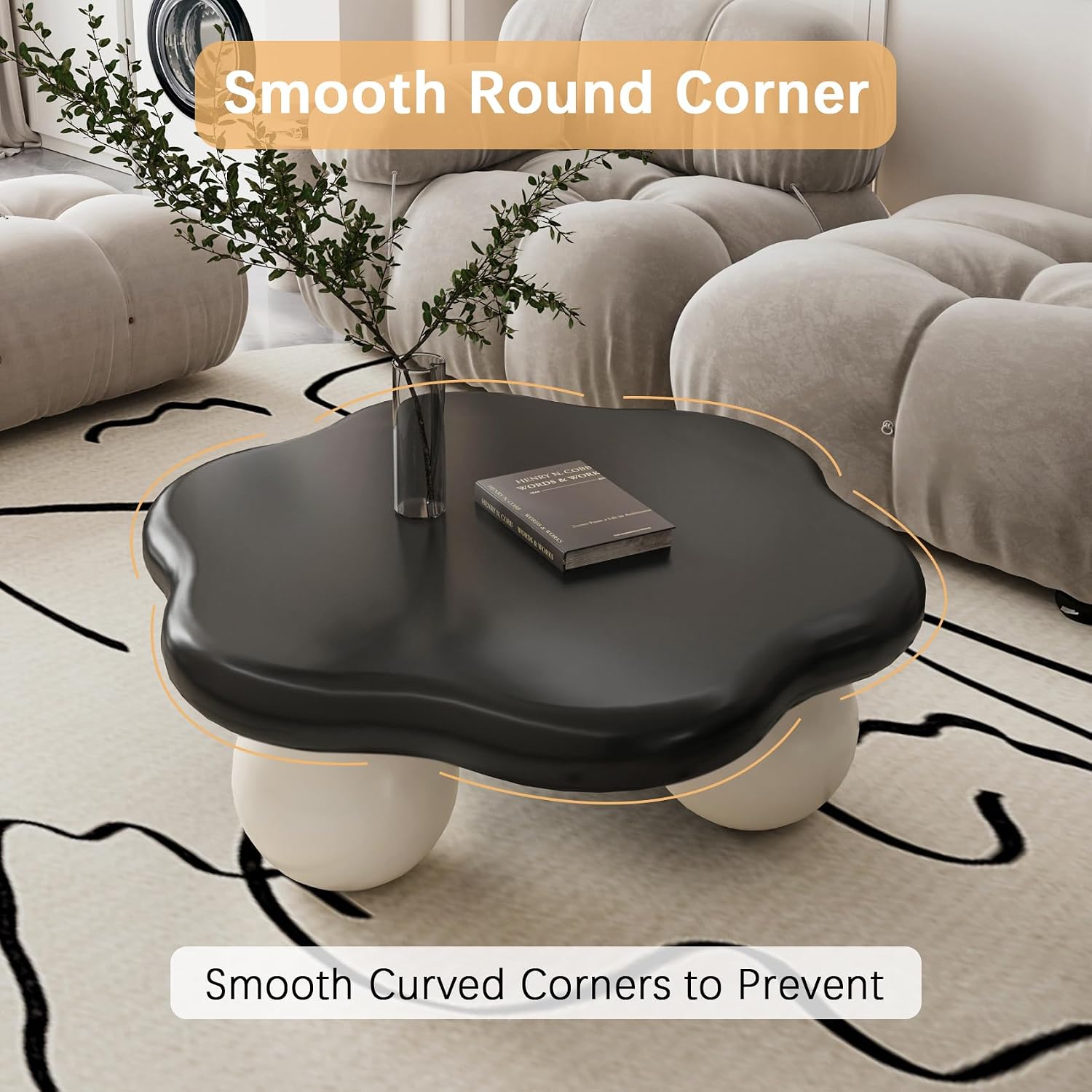 35" Cloud Coffee Table, Petal-Shaped Modern Minimalist Coffee Table with Spherical Legs, Unique Center Table for Living Room, Balcony, for New Home, Easy Assembly, Black Top White Legs