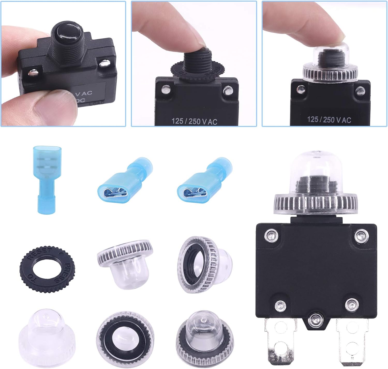 Glarks 30Pcs 5 Amp Circuit Breakers Thermal Overload Protector Switch with Manual Reset 32VDC, AC125-250V With Quick Connect Female Spade Terminal and Waterproof Button Caps - - 