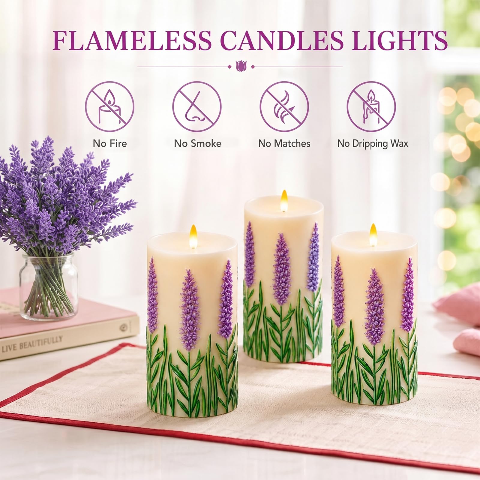 Lot de 2 bougies en forme de tulipe à LED sans flamme avec télécommande et minuteur - En cire véritable - Fonctionne à piles - Pour maison, fête de mariage, vacances - Lavande violette