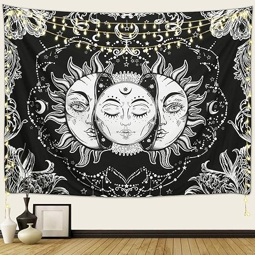 ARFBEAR Tapiz de sol y luna, sol ardiente con estrellas, psicodélico, popular tapiz místico para colgar en la pared, manta de playa en blanco y