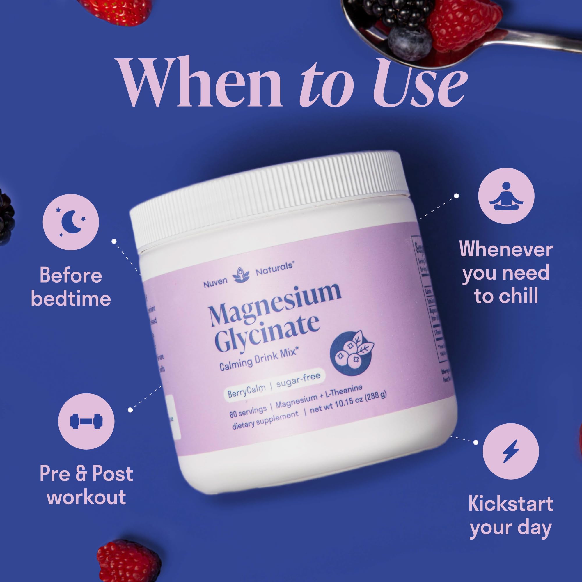 Magnesium Glycinate Powder + L-Theanine | 60 Servings | 300 mg per Scoop High Absorption Chelated Magnesium Powder for Sleep - Natural Mixed Berry Flavor, No Sugar, Support Restful Sleep & Relaxation