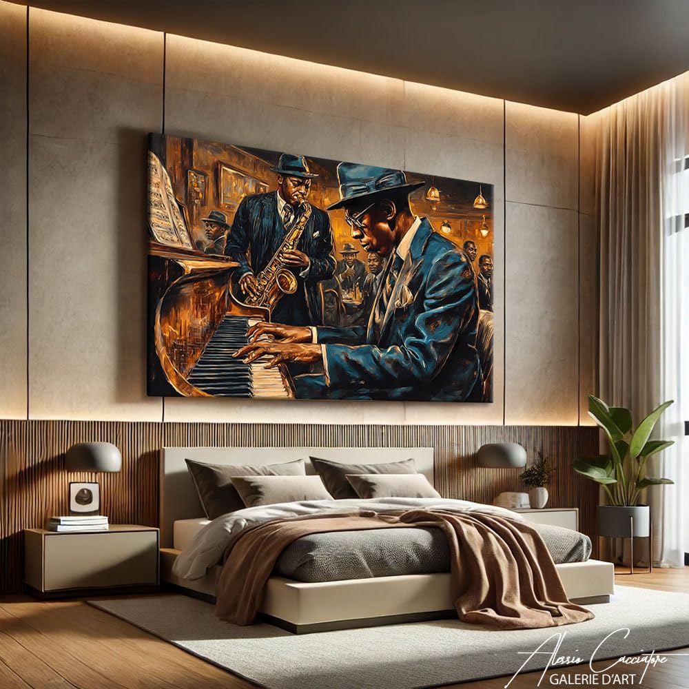 Alessio Cacciatore Quadro Jazzmann - Poster decorativo da parete musicale - Stampa su tela africana - Quadro sassofonista - Decorazione da parete bar - Tela moderna Design Soggiorno (60 x 40 cm)