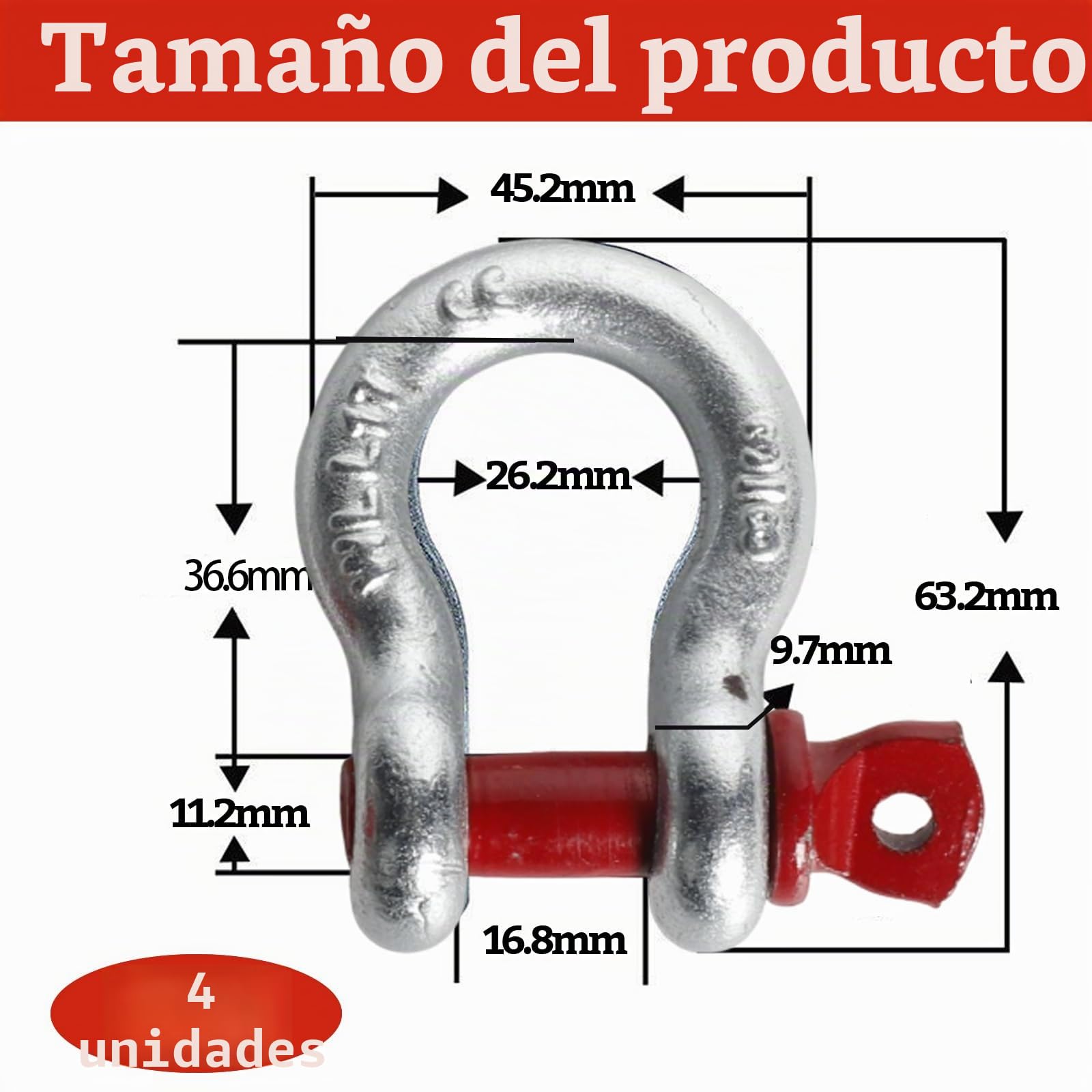 4 Piezas Grilletes 3/8, 1,0t Acero Cargas Pesadas Grillete Curvo en U con Pernos de Ojo - | Acero Galvanizado en Caliente | - para Remolcar, Arrastrar y Recuperar Vehículo (4 Pcs, WLL: 1,0 t)