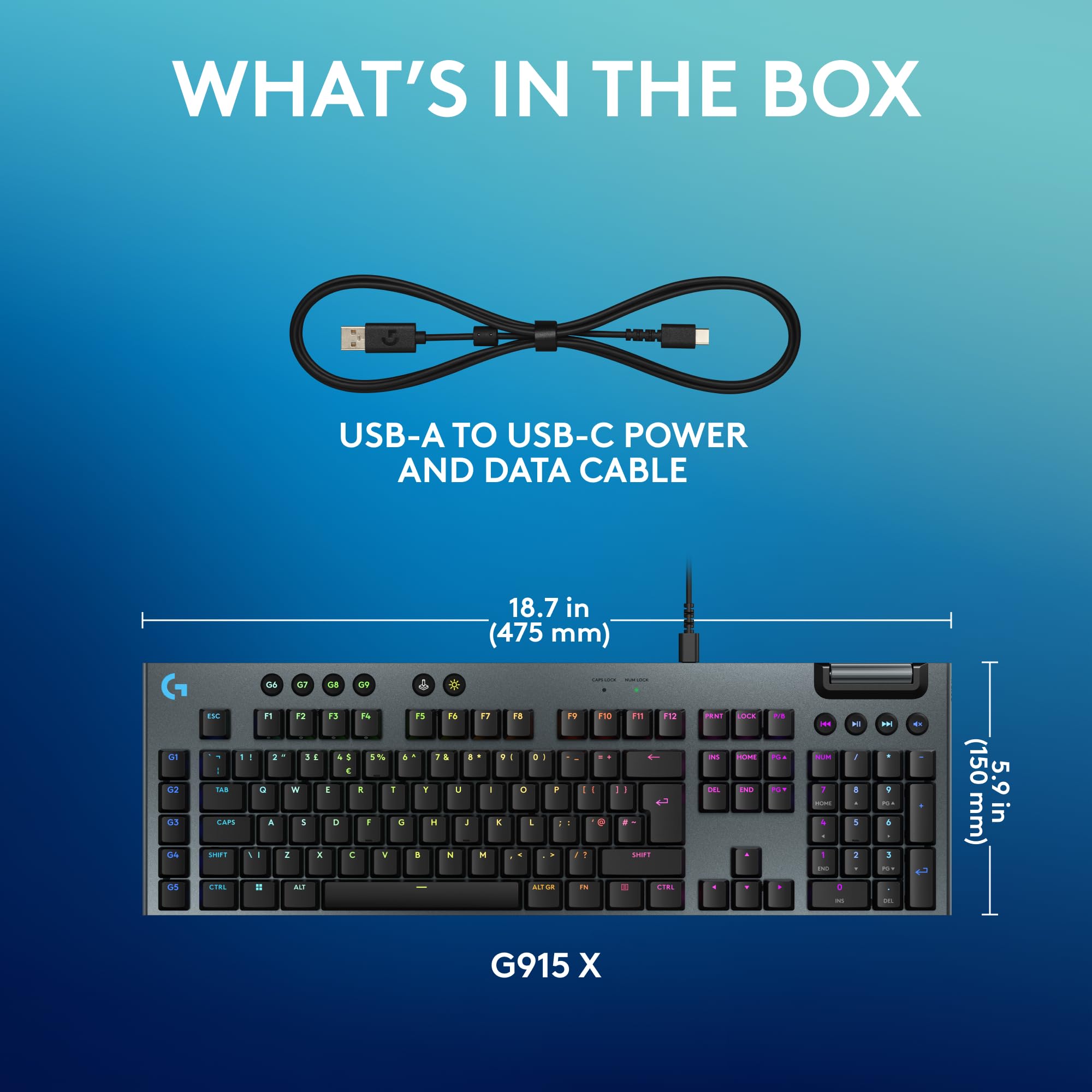 Logitech G G915 X Low-Profile Wired Mechanical Gaming Keyboard, Double-Shot PBT Keycaps, Fully Programmable Keys, RGB Lighting, Aluminum Finish, GL Brown Tactile Switches - PC/Mac, QWERTY UK - Black — view 8