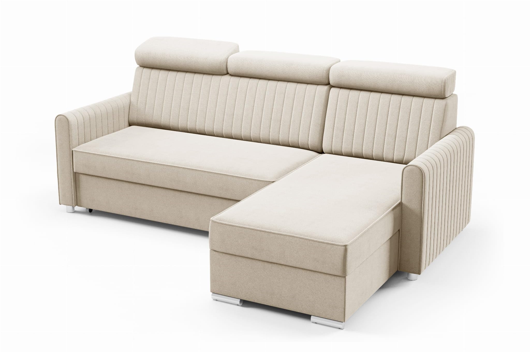 LIKMA Neli Narożnik Kremowy z Funkcją Spania i Pojemnikiem na Pościel 213x100x165 cm Sofa L Regulowane Zagłówki Nowoczesna Sofa Narożna do Salonu Tkanina Cloud
