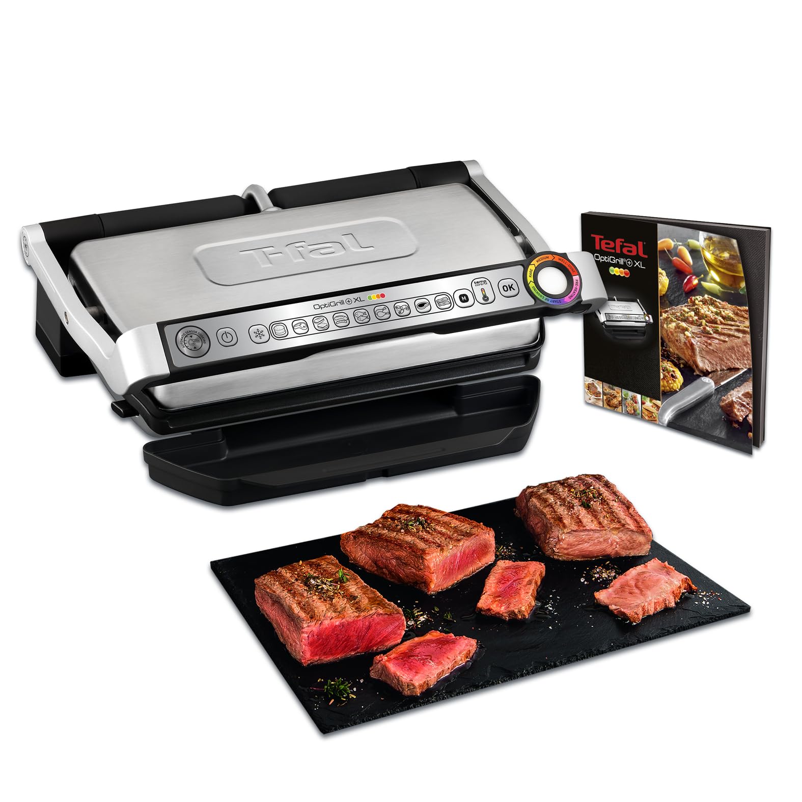 Tefal OptiGrill+ XL Kontaktgrill, 9 Programme, manueller Modus, 200 W, Garstufenanzeige, Dickemessung, Abnehmbare XL-Platten, Elektrogrill, Edelstahl, GC722D16