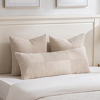 Fancy Homi Tan Decorative Throw Pillow Covers 22x22 Inch for Living Room Couch Bed Sofa, Rustic Farmhouse Boho Home Decor, Soft Corss Corduroy Patchwork Accent Beige Cushion Case 55x55 cm