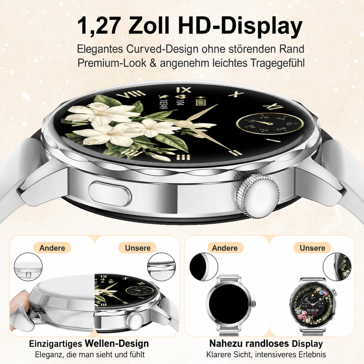 Smartwatch Donna Chiamate BLE5.3, 1,27'' HD Schermo Orologio Smartwatch Rotondo con Notifiche Messaggi/120+ Sportive/Cardiofrequenzimetro/SpO2/Sonno, Smart Watch Donna IP68 per Android iOS, Argento