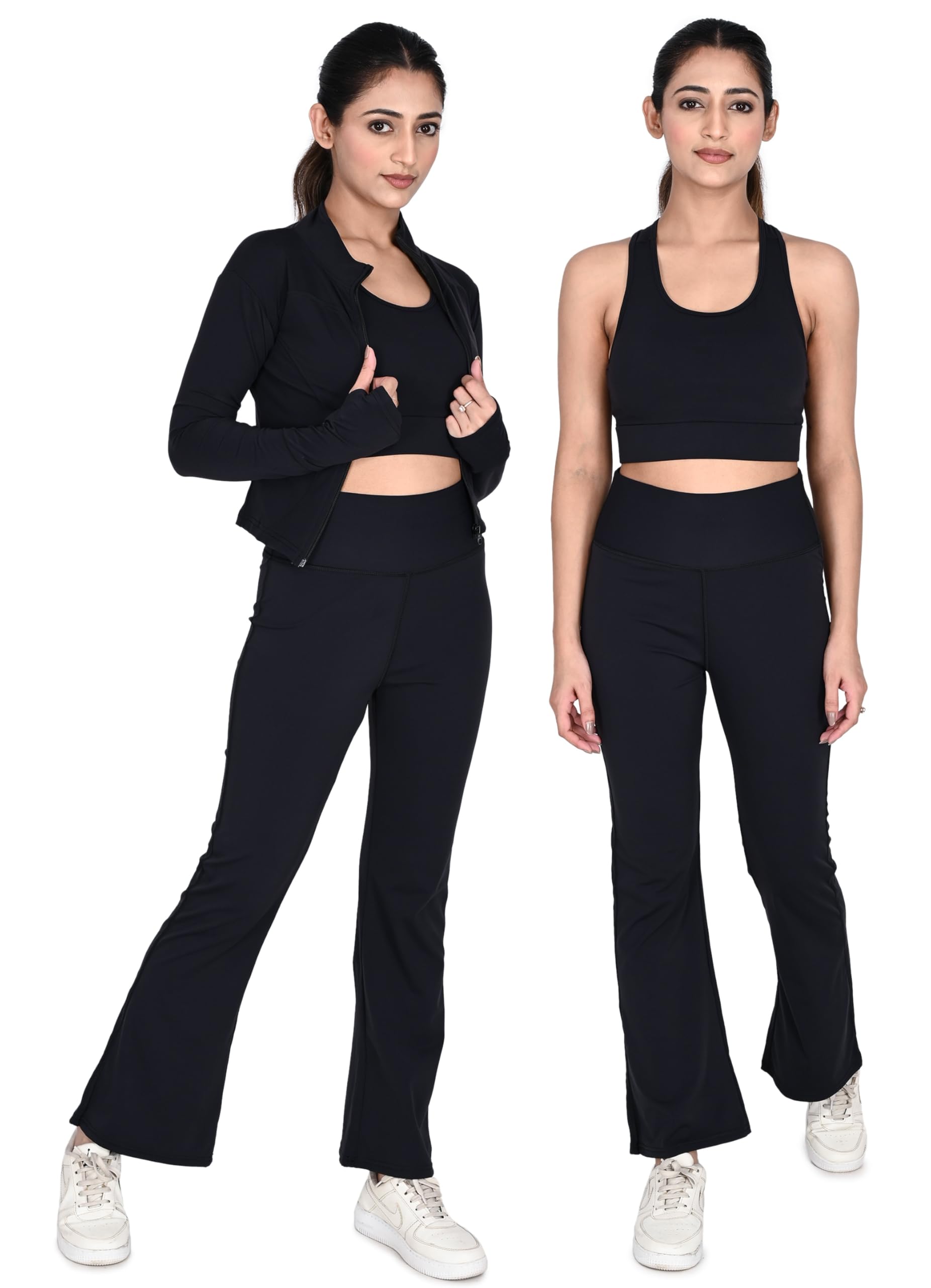 High Waist Stretchable Gym Flair Pant, Stylish Bra and Jacket Gym wear/Active Wear Yoga Flair Pants Dance Womens Workout Tights, Jacket Top Stretchable Sportswear set