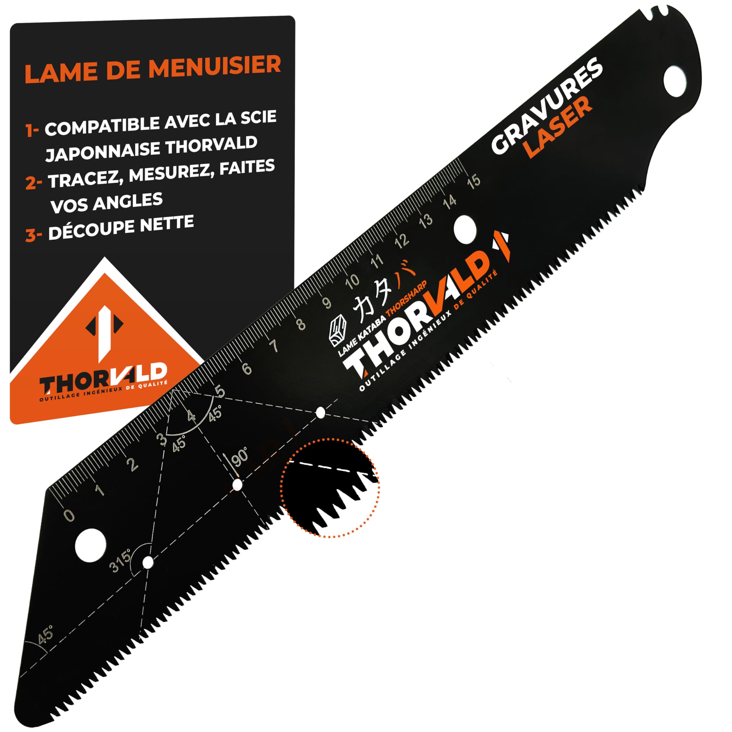 Lame Découpe précise 13 TPI 24 cm Ep 0,65mm Souple Résistante, Avec règle 15 cm, compas et Equerres Compatible Scie Japonaise Thorvald. L'outil De Référence Des Menuisiers et Charpentiers