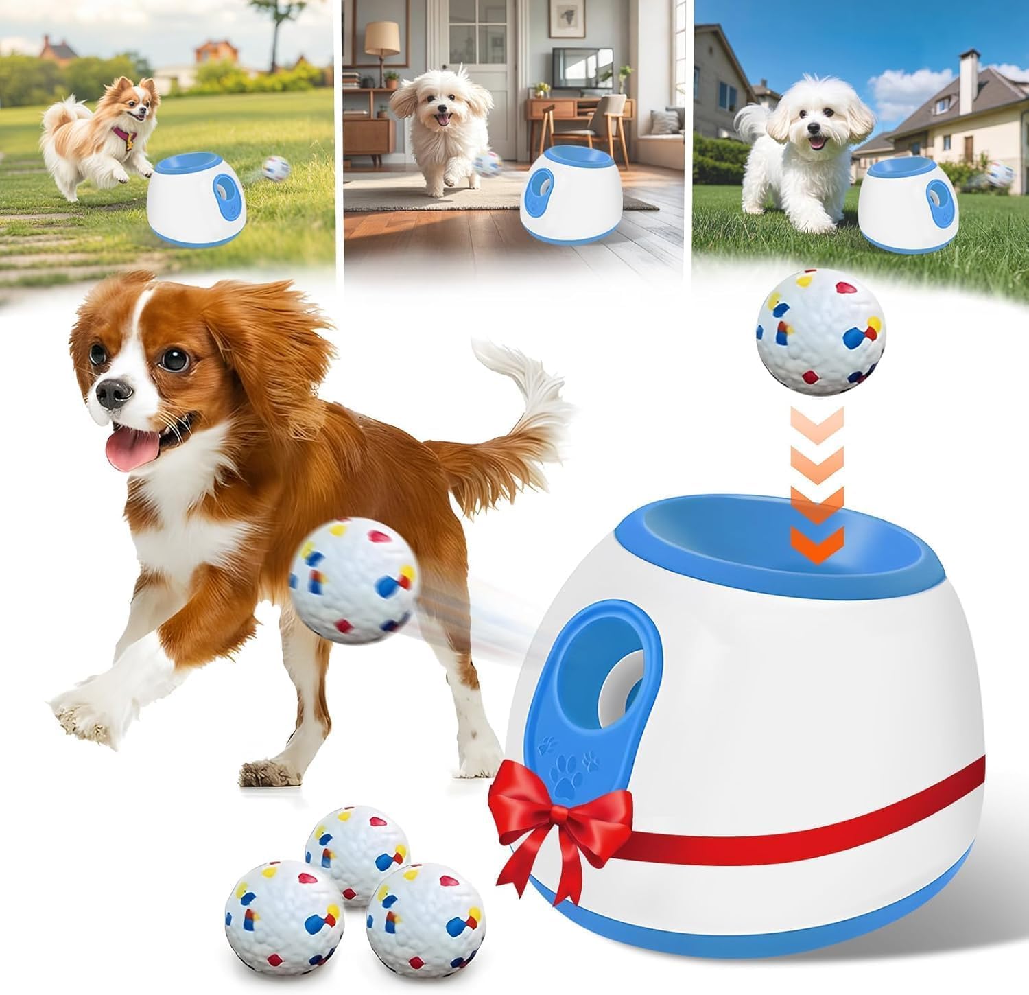 Automatic Dog Ball Launcher - Dog Ball Thrower with 3 Adjustable Distance for Indoor Outdoor, 3 Etpu Balls Included