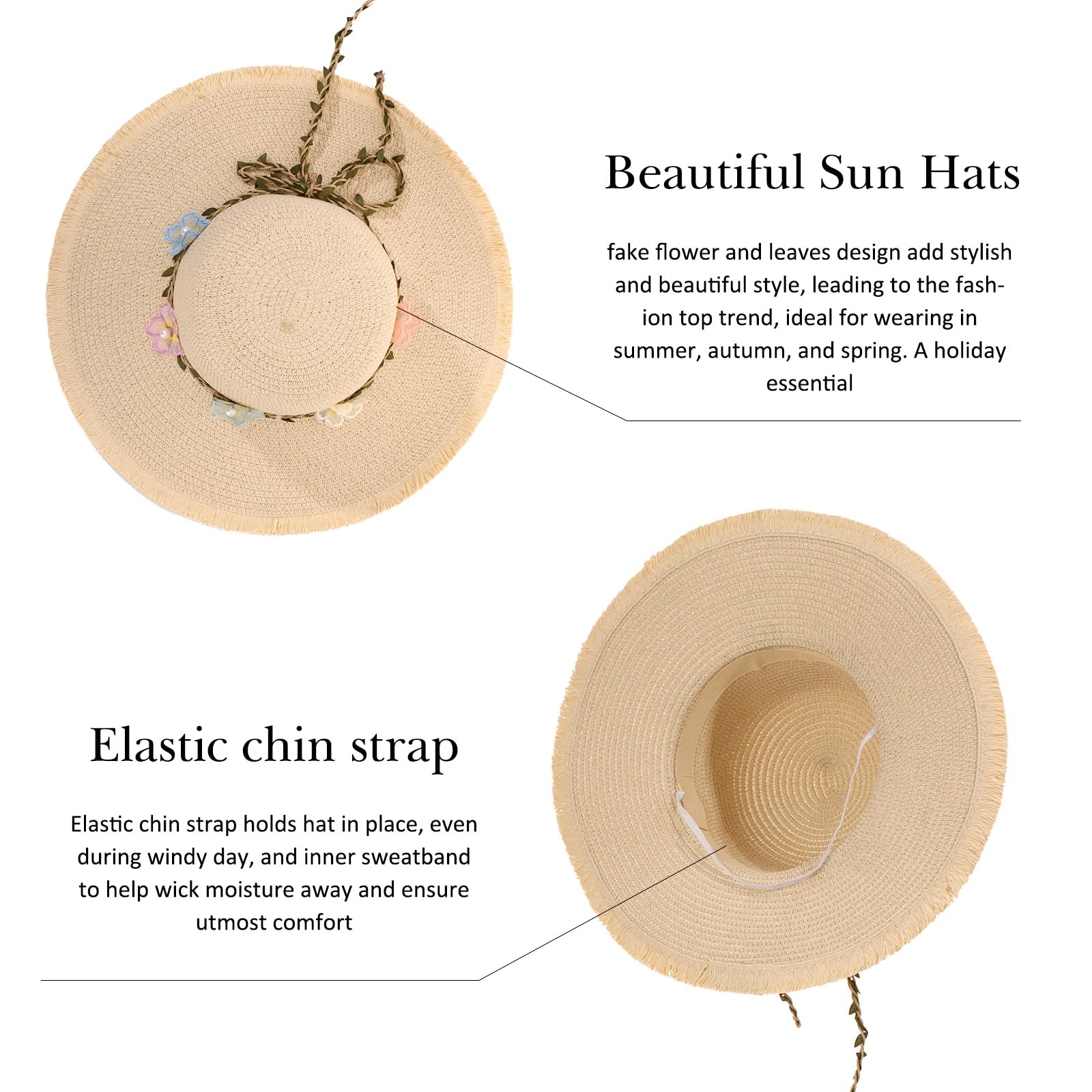 LY4U Cappello di Paglia da Donna, Cappelli da Sole da Donna UPF 50, Cappello da Spiaggia Estivo per Ragazza, Cappello da Viaggio Arrotolabile Floscio