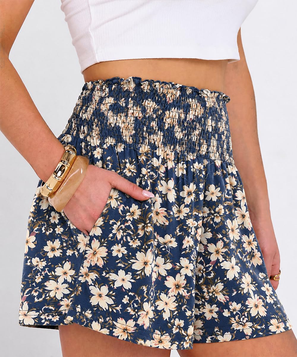 Short Femme Été Décontracté Taille Haute Elastique Floral Imprimé Plage Pantalon Court Chic Larges Shorts Et Bermudas avec Poche