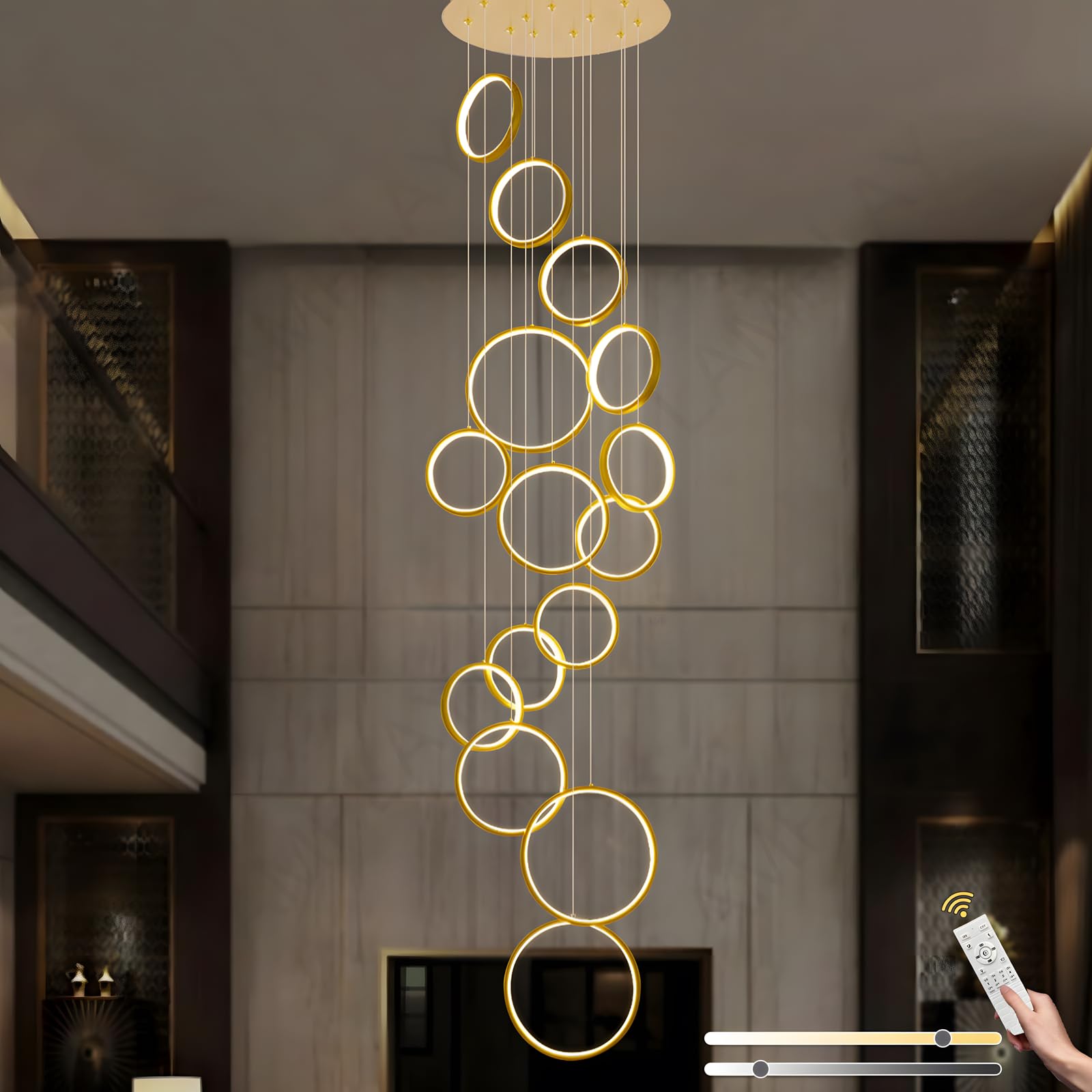 Lustre D'Escalier À LED, Lampe De Plafond Haut Moderne À 15 Anneaux Doré, Lampe Suspendue Réglable En Hauteur Pour Entrée, Variateur Avec Télécommande 3000K-6000K, Couloir, Salon, Escaliers