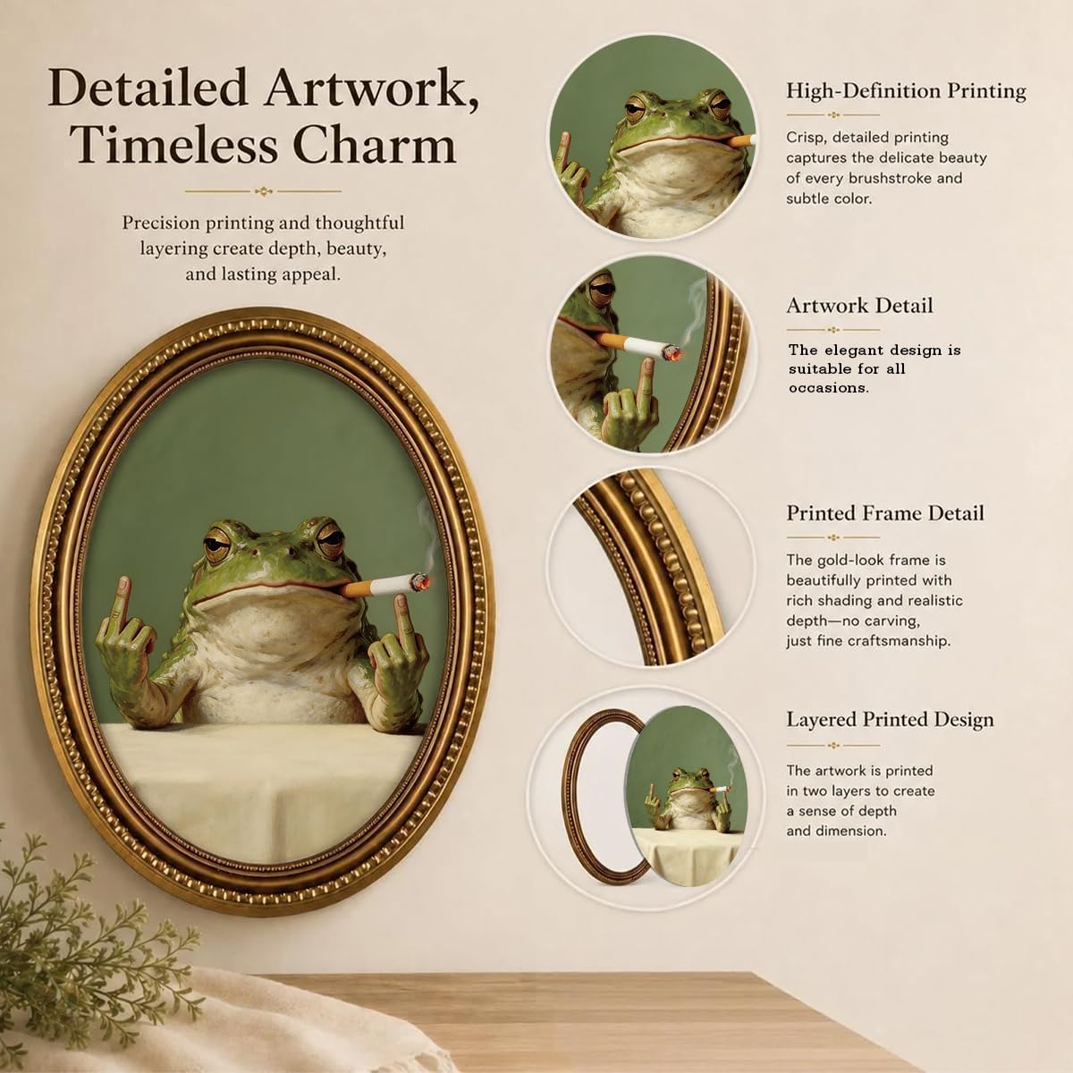 Vintage Frog Smoking Oval Wall Art, Funny Frog Wood Decor, Humorous Animal Artwork for Living Room Bedroom Gallery Wall, 11.2 x 9 Inch image 5