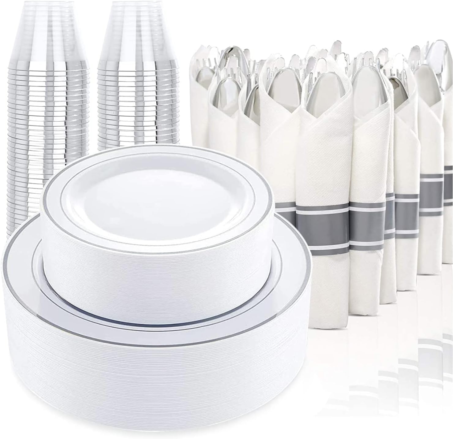 Disposable Plates 350 PCS White And Gold Plastic Dinnerware Set For 50 ...