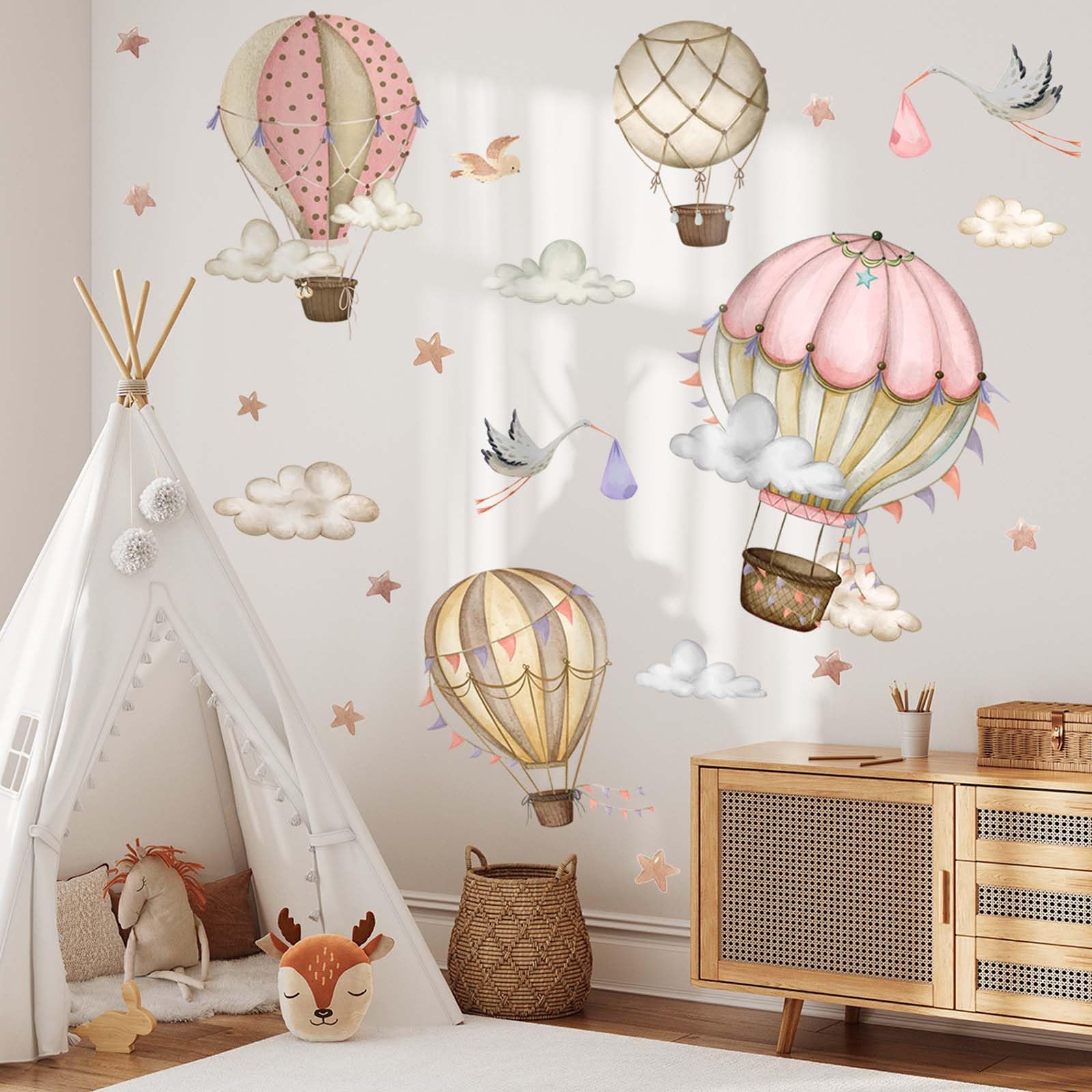 FUFUQUARE Hot Air Balloon Wall Stickers Cartoon Flying Birds Stars Clouds Peel and Stick Wall Decals for Kids Baby Bedroom Living Room Home Decor