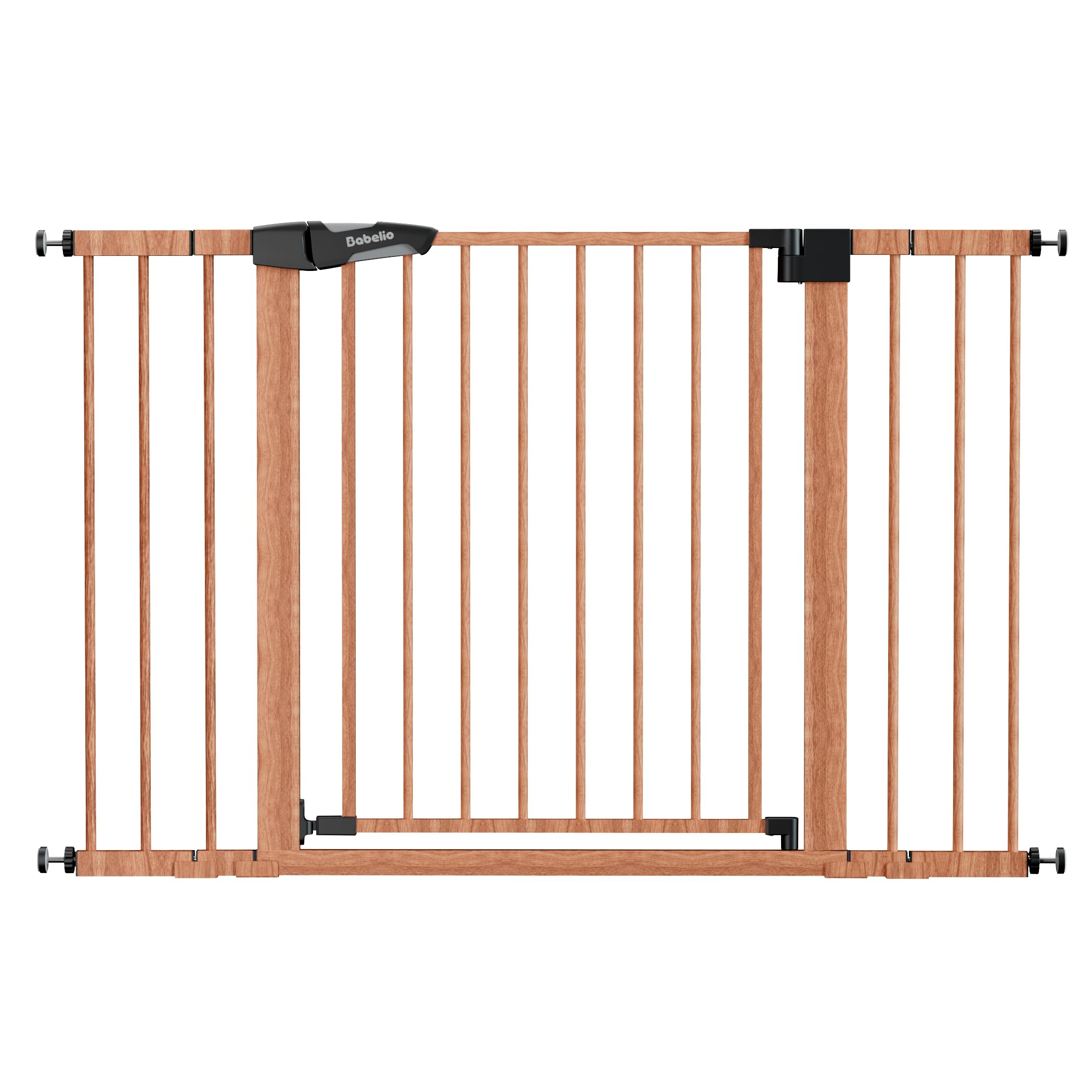 babelio 29-48" metal baby gate with brown wood pattern, auto close dog gate pressguard p7 for the house, stairs and doorways, pressure mounted pet gate with door, safety gate for child and pets