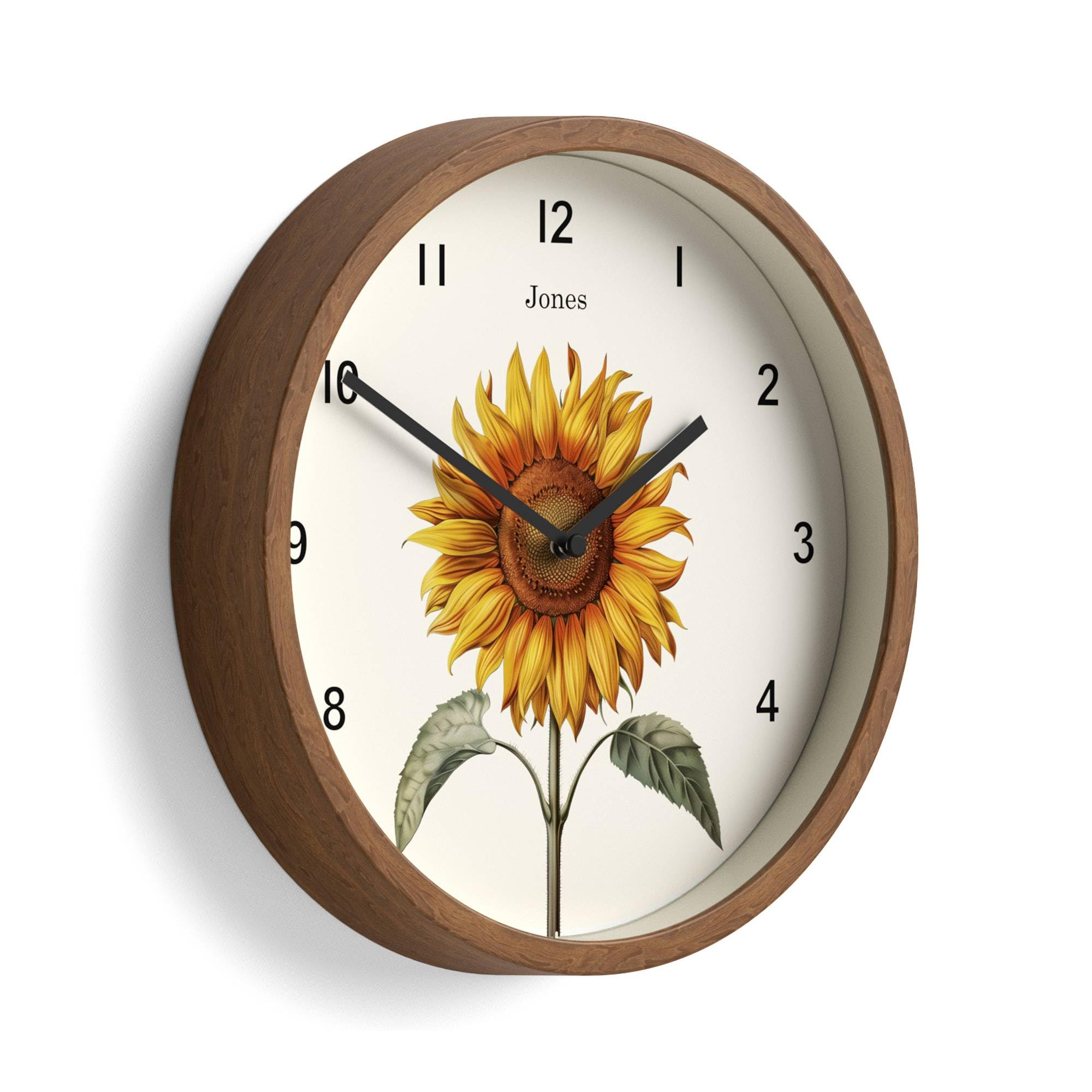 Jones Clocks Brown Jones Clocks® Sunflower Wall Clock | Modern Round Clock With Floral Illustration | 25Cm | Faux Wood | Ideal For The Kitchen, Living Room Or Office