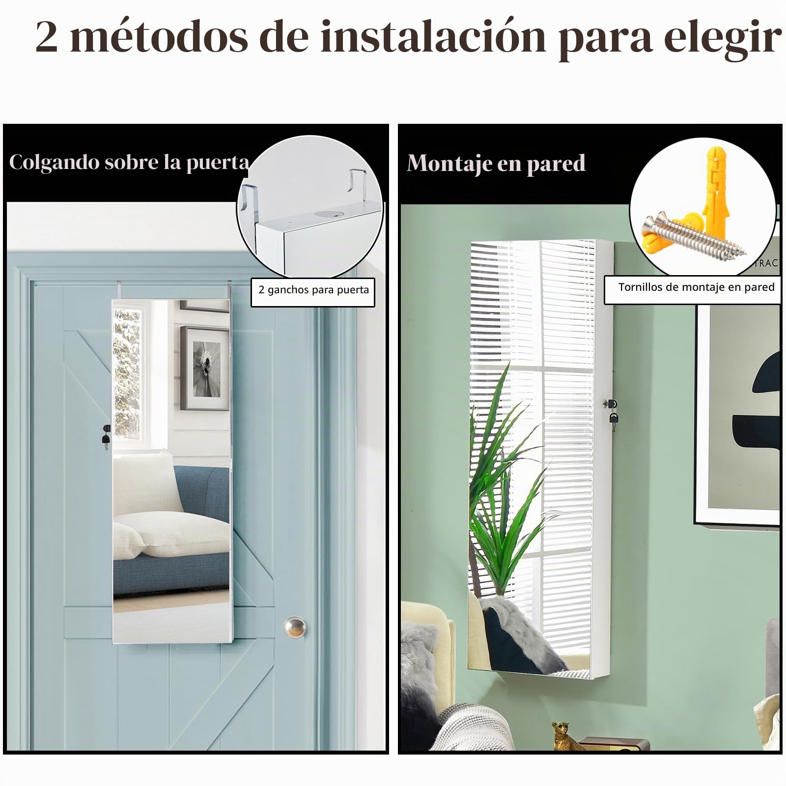 Espejo joyero de pared con LED HOMASIS, armario para joyas con llaves, blanco