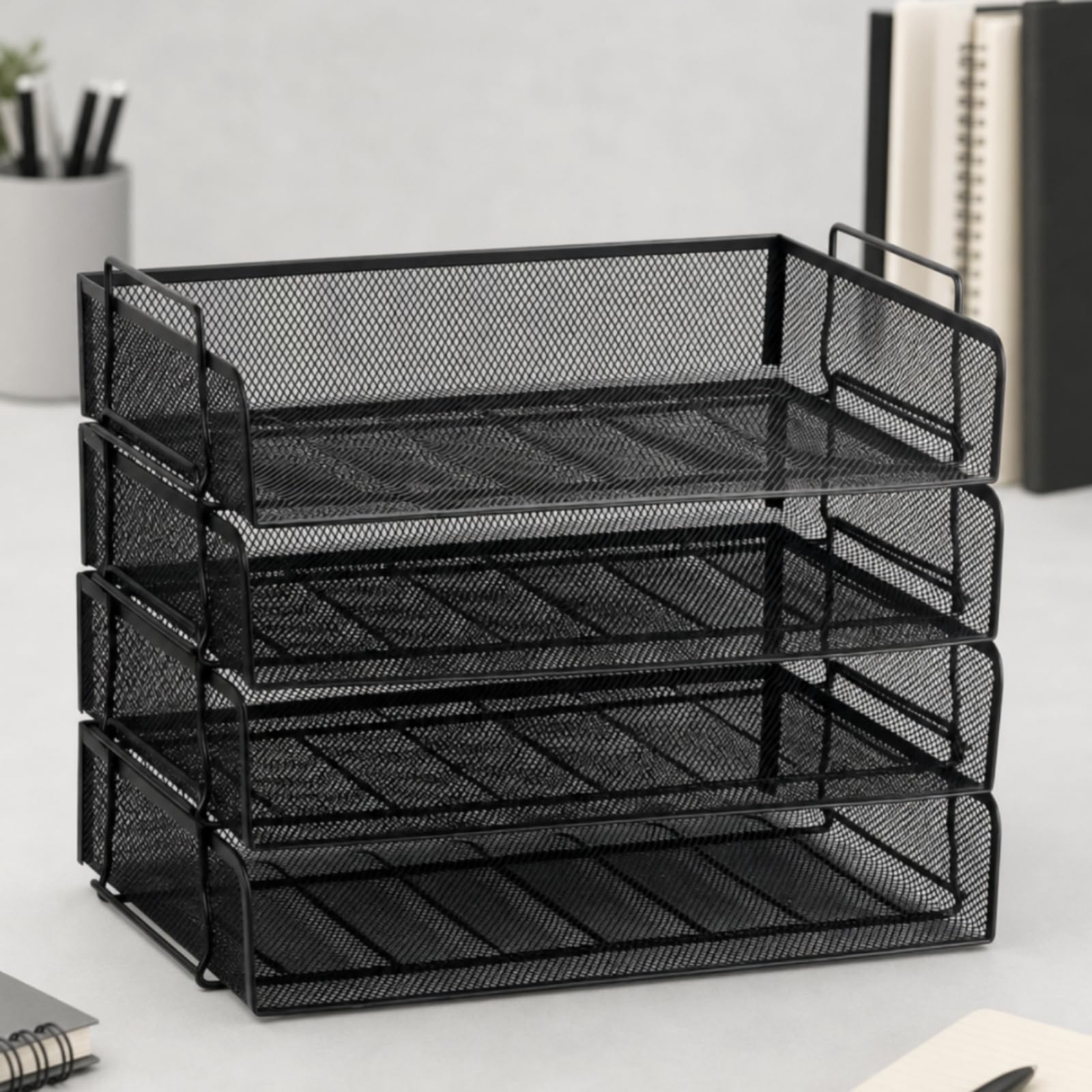 predolo Organizador Escritorio con 4 Bandejas Apilable Organizador Vertical Papeles Malla Clasificador Escritorio Metal Negro