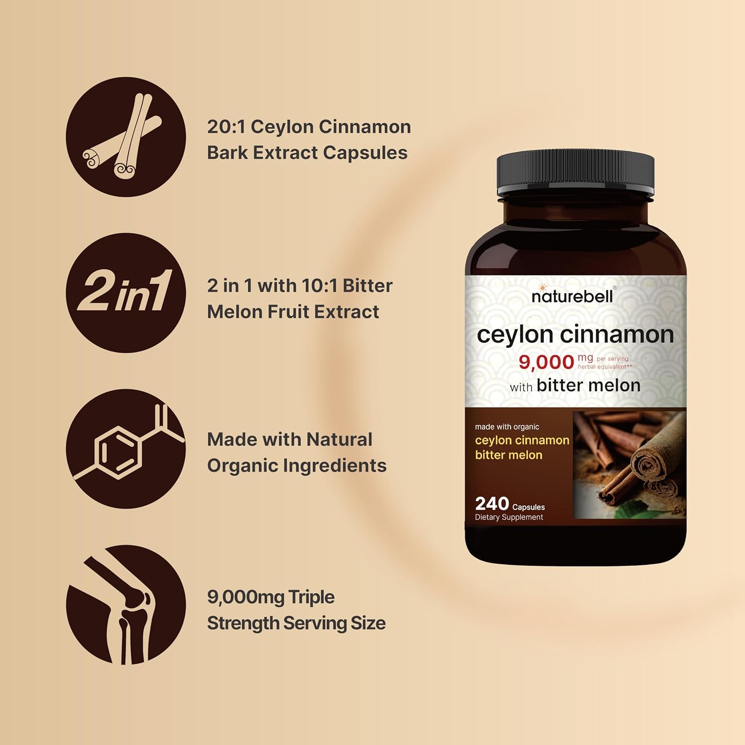 NatureBell Ceylon Cinnamon with Bitter Melon - 240 Capsules - Triple Strength 450mg Organic Ceylon Cinnamon Extract - with 30mg Bitter Melon Extract - Herbal Health & Wellness Support* - Image 3