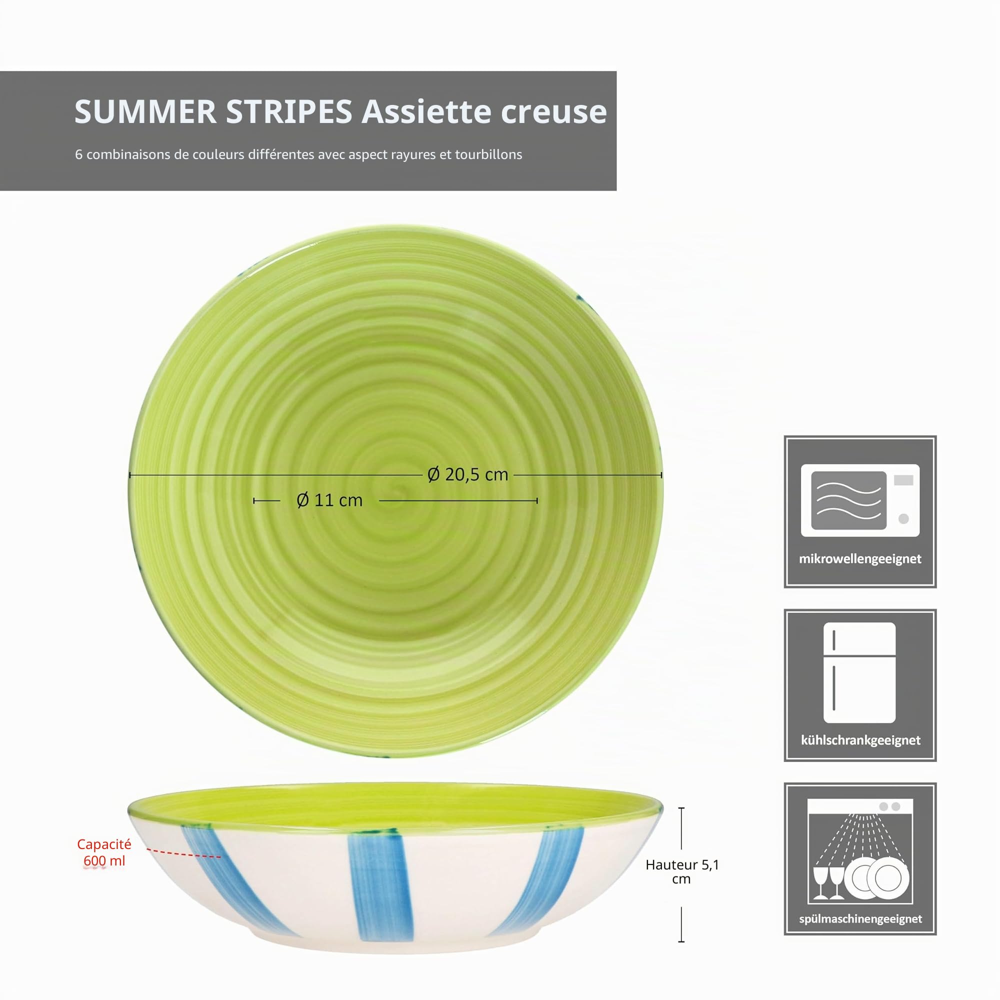 MamboCat Summer Stripes - Lot de 6 assiettes creuses - 600 ml - En faïence avec rayures colorées - Pour 6 personnes - Pour salade, soupe, céréales, pâtes, etc.