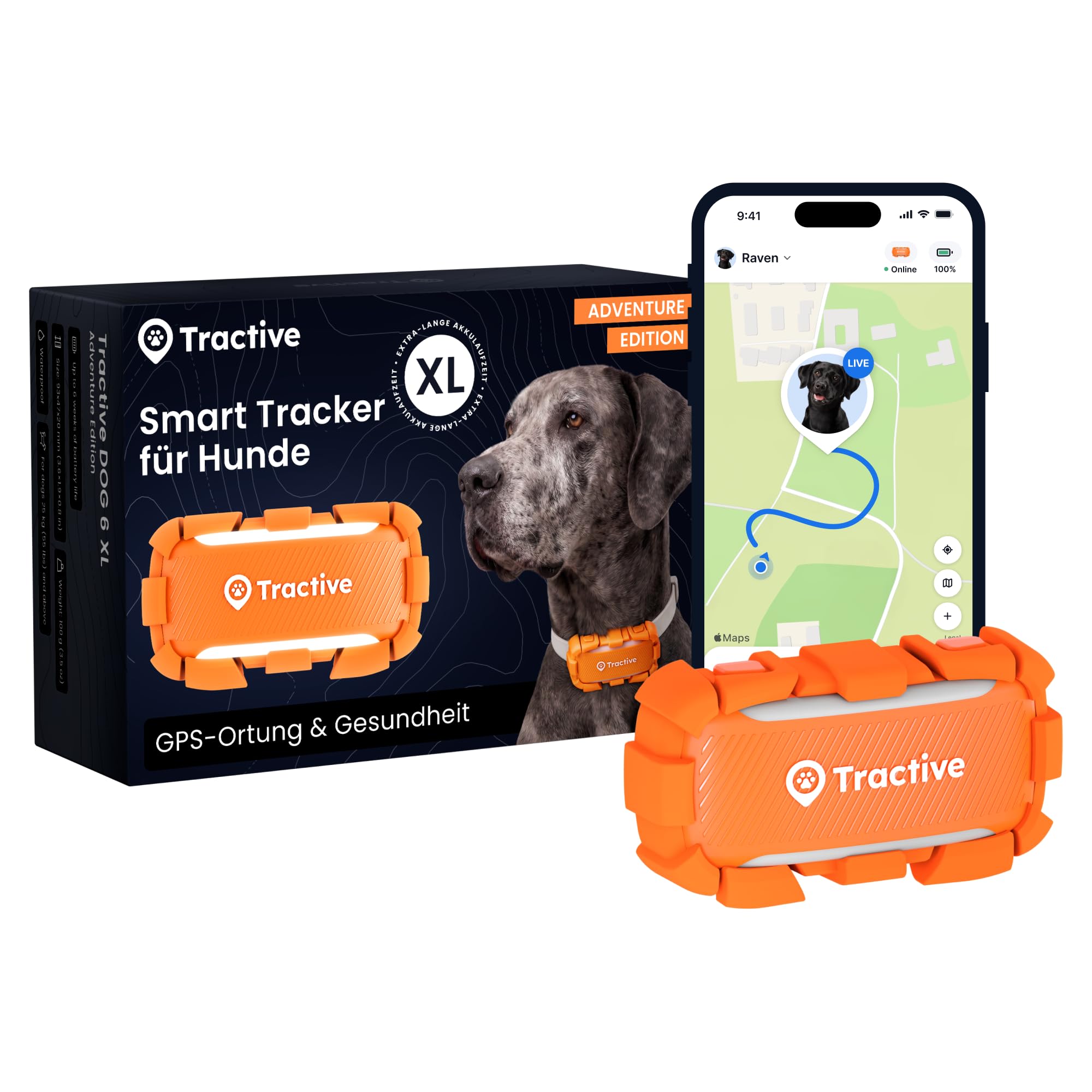 Tractive XL Adventure Smarter Hunde GPS Tracker | Modell 2026 | Großer Akku | Live-GPS-Ortung | Weglaufalarm & Gesundheitswarnungen | Überwachung der Vitalwerte | Empfohlen von Martin Rütter (Orange)