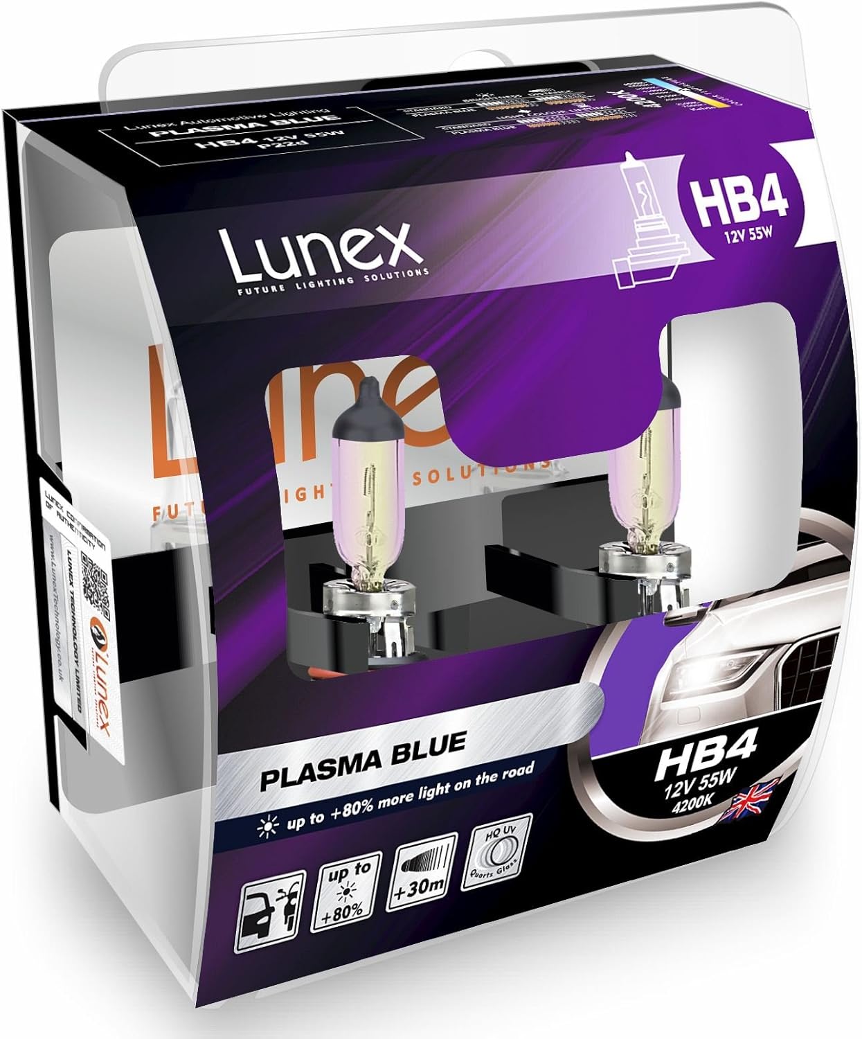 LUNEX HB4 9006 PLASMA BLUE Headlight Halogen Bulbs 12V 55W P22d Xenon look 4200K duobox (2 units)