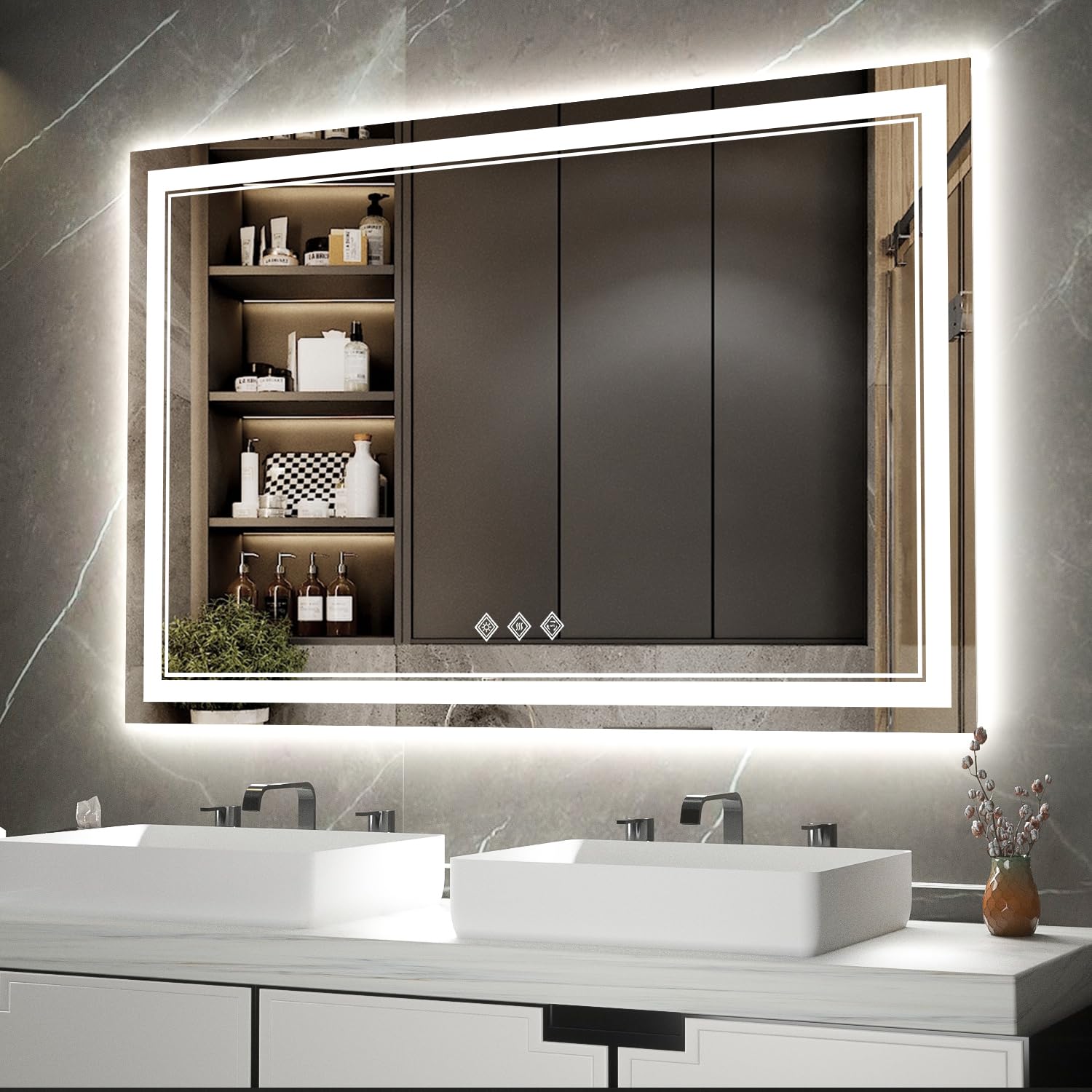 LED Bathroom Mirror, 48x32 Inch Gradient Front and Backlight Lighted Vanity Mirror, 3 Colors Dimmable CRI>90 Double Lights, IP54 Enhanced Anti-Fog, Hanging Plate Wall Mount LED Light Mirror