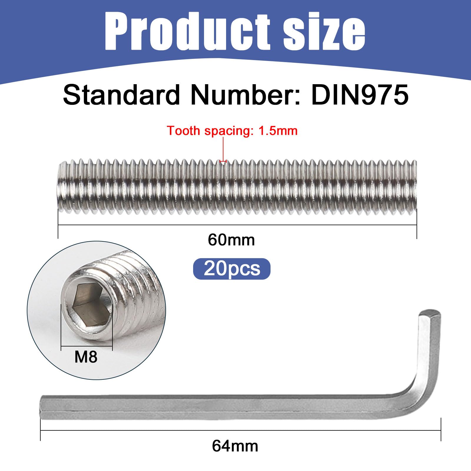 Perni Filettati in Acciaio Inox M8 x 60 mm con Chiave a Brugola, Barra Filettata DIN 975