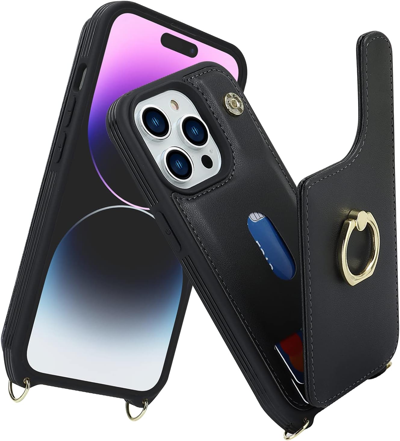 for iPhone 14 Pro Max Case with Card Holder for Women,Phone Case with Strap,Crossbody Lanyard,Ring Stand,Snap Clasp,Cute Wallet Cases 6.7" (Black) - Image 2
