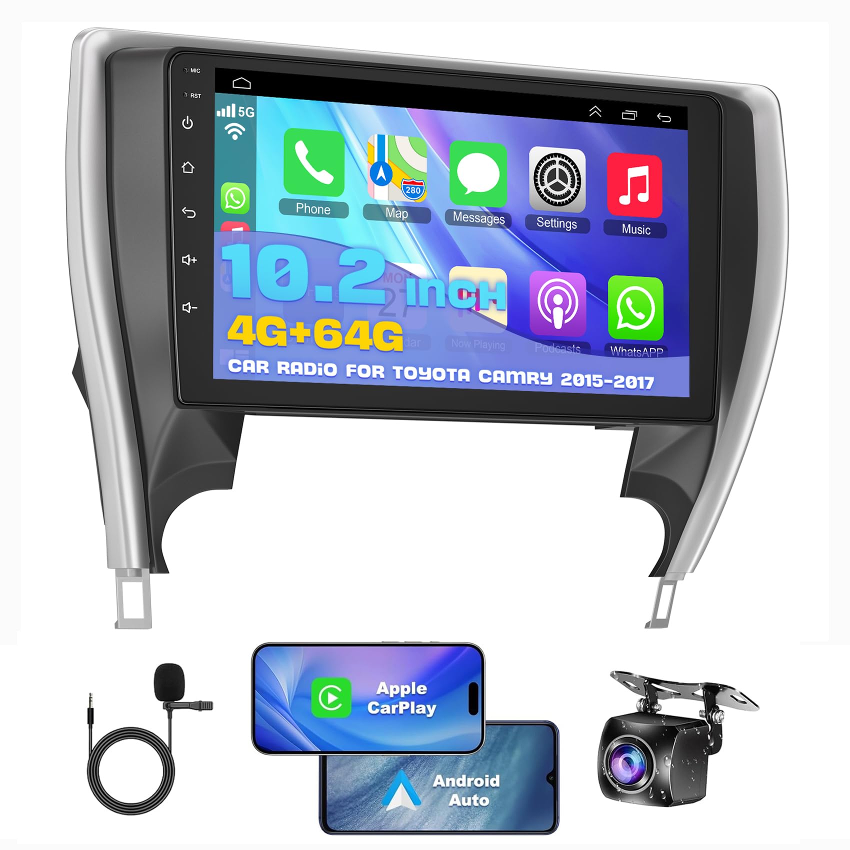 4GB+64GB Android 13 Car Radio for Toyota Camry 2015 2016 2017, 10.2 Inch Touch Screen Support Wireless CarPlay & Android Auto, Bluetooth 5.2 & Voice Control, GPS & WiFi, Backup Camera Car Stereo
